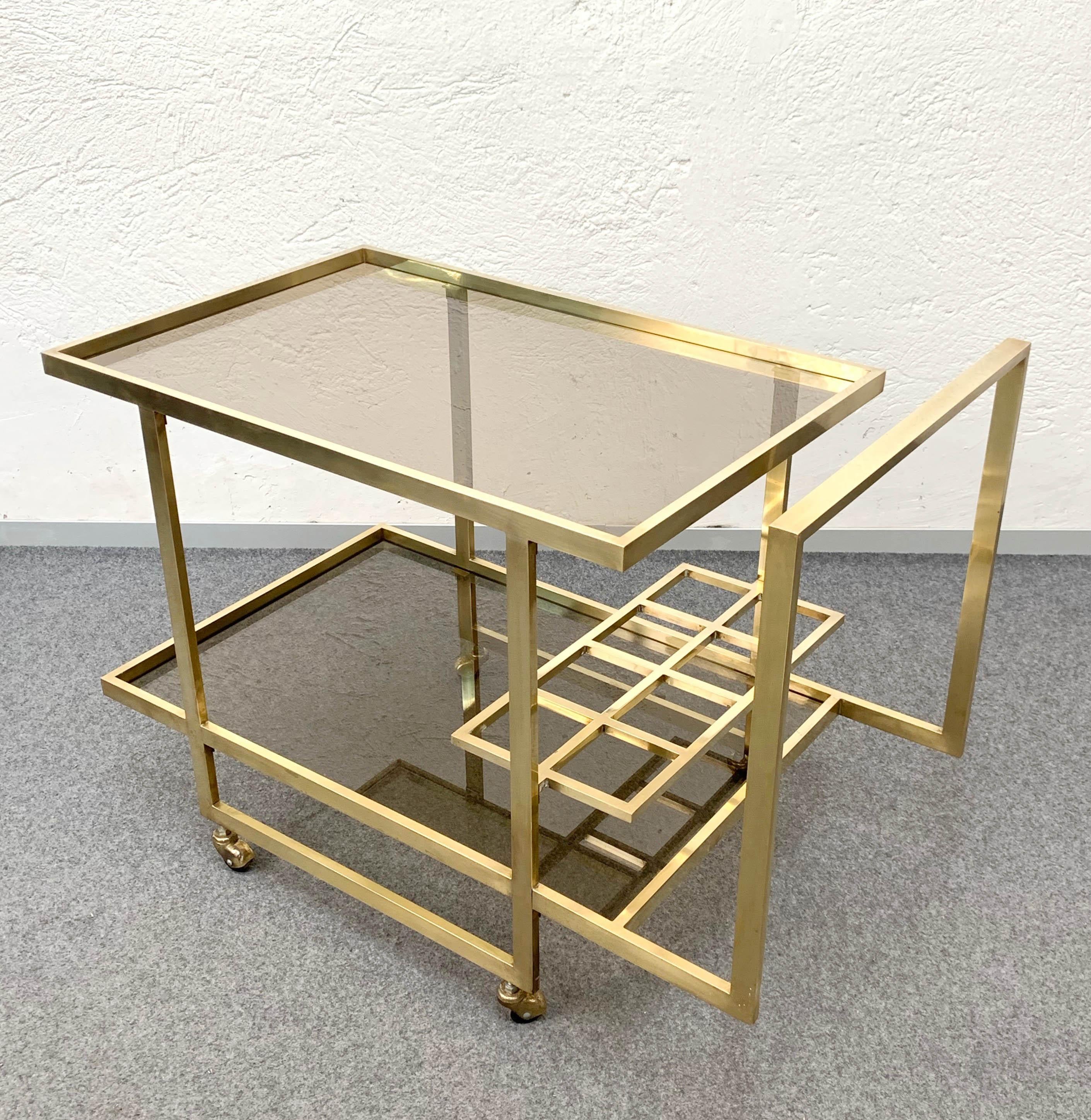 Italian Midcentury Two Levels Smoked Glass and Brass Bar Cart with Bottle Holder, 1970s For Sale