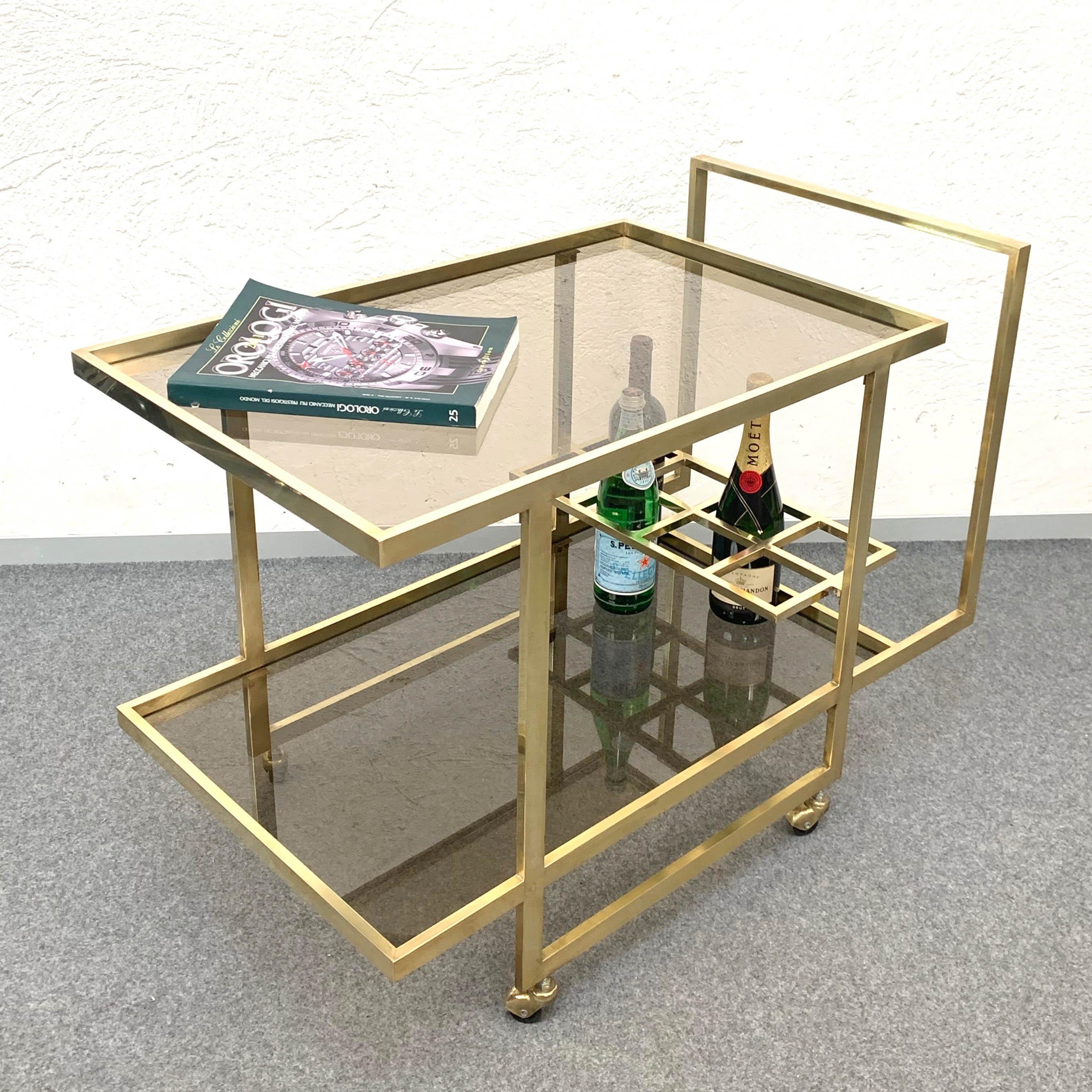 20th Century Midcentury Two Levels Smoked Glass and Brass Bar Cart with Bottle Holder, 1970s For Sale