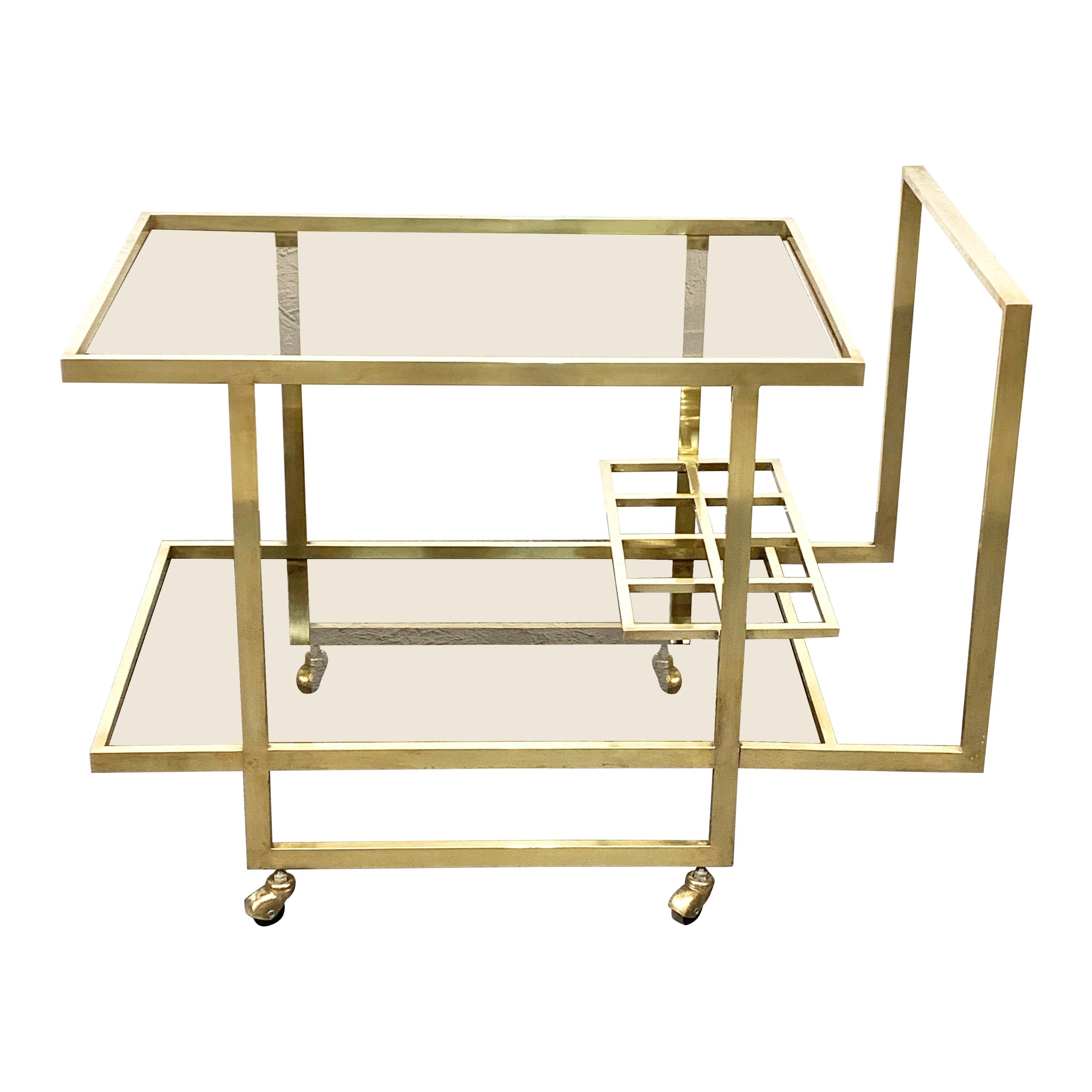 Midcentury Two Levels Smoked Glass and Brass Bar Cart with Bottle Holder, 1970s