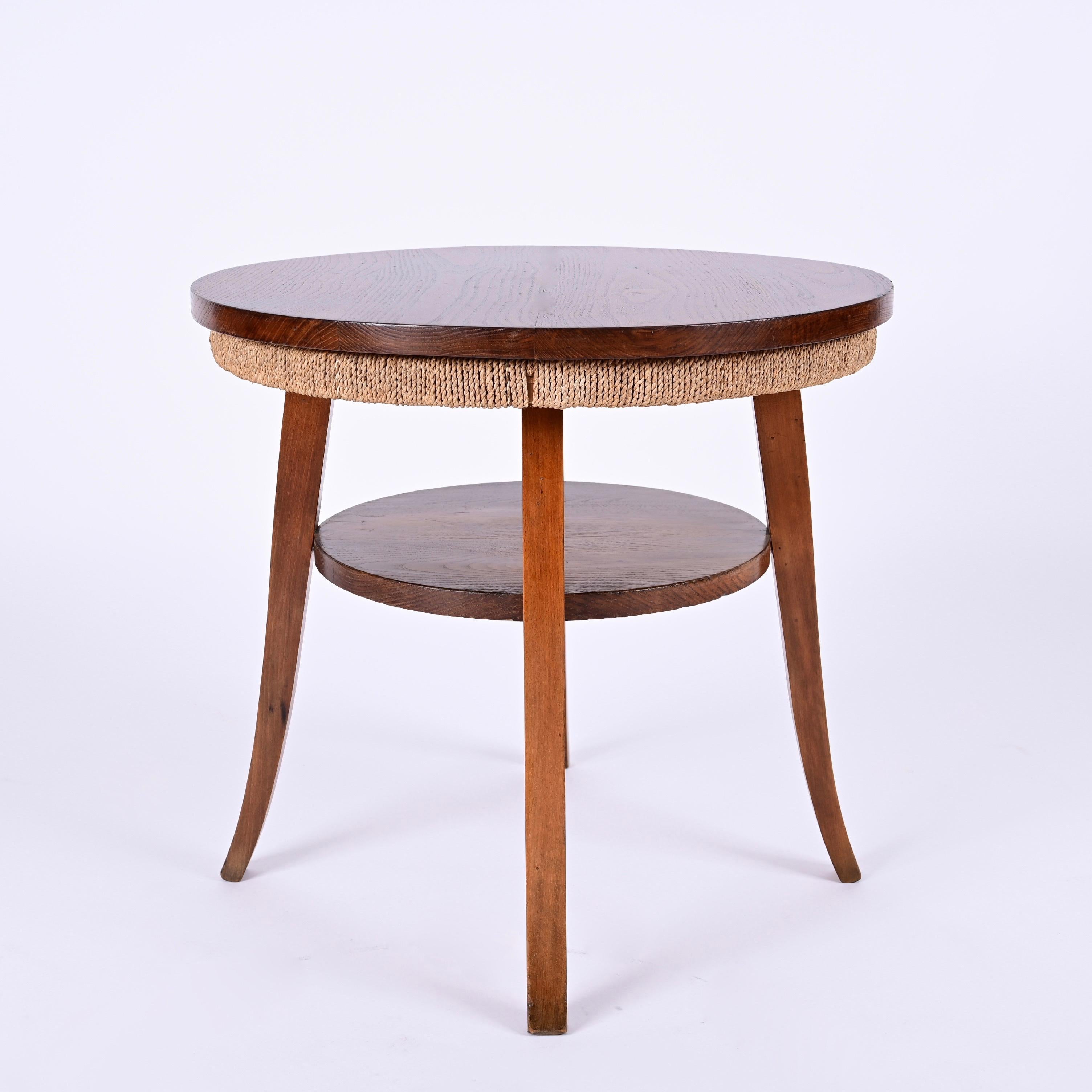 Midcentury Two-Tier Round Rope and Chestnut Wood Italian Coffee Table, 1950s For Sale 4