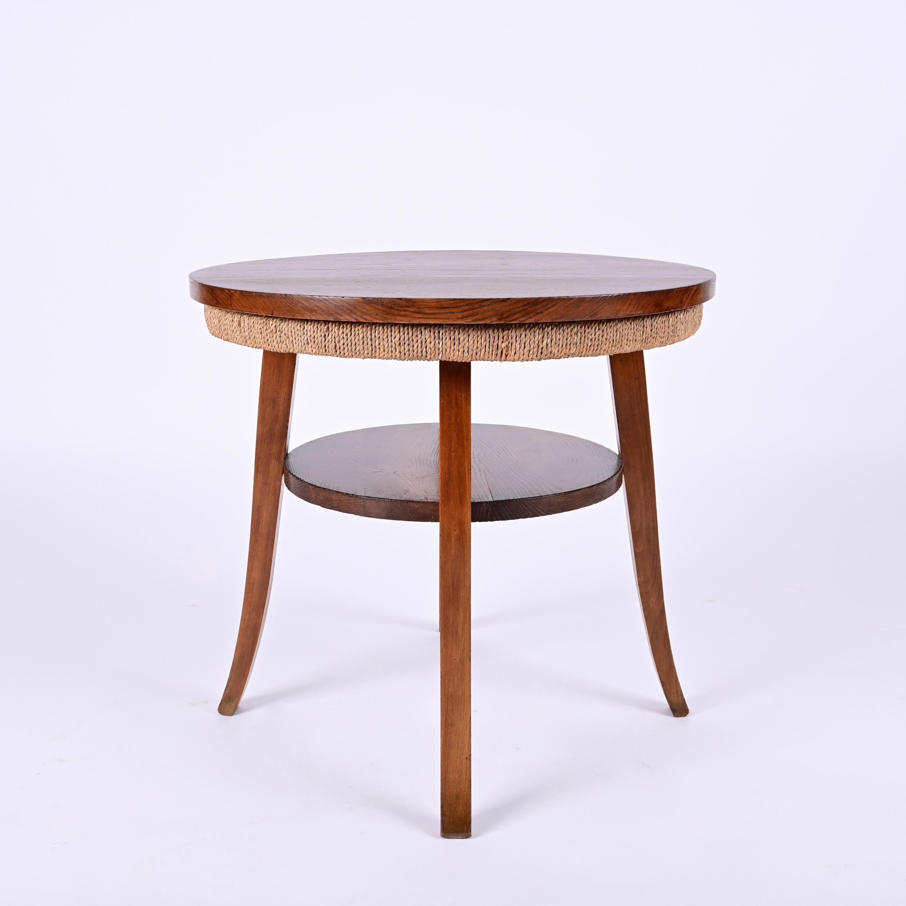 Midcentury Two-Tier Round Rope and Chestnut Wood Italian Coffee Table, 1950s For Sale 6