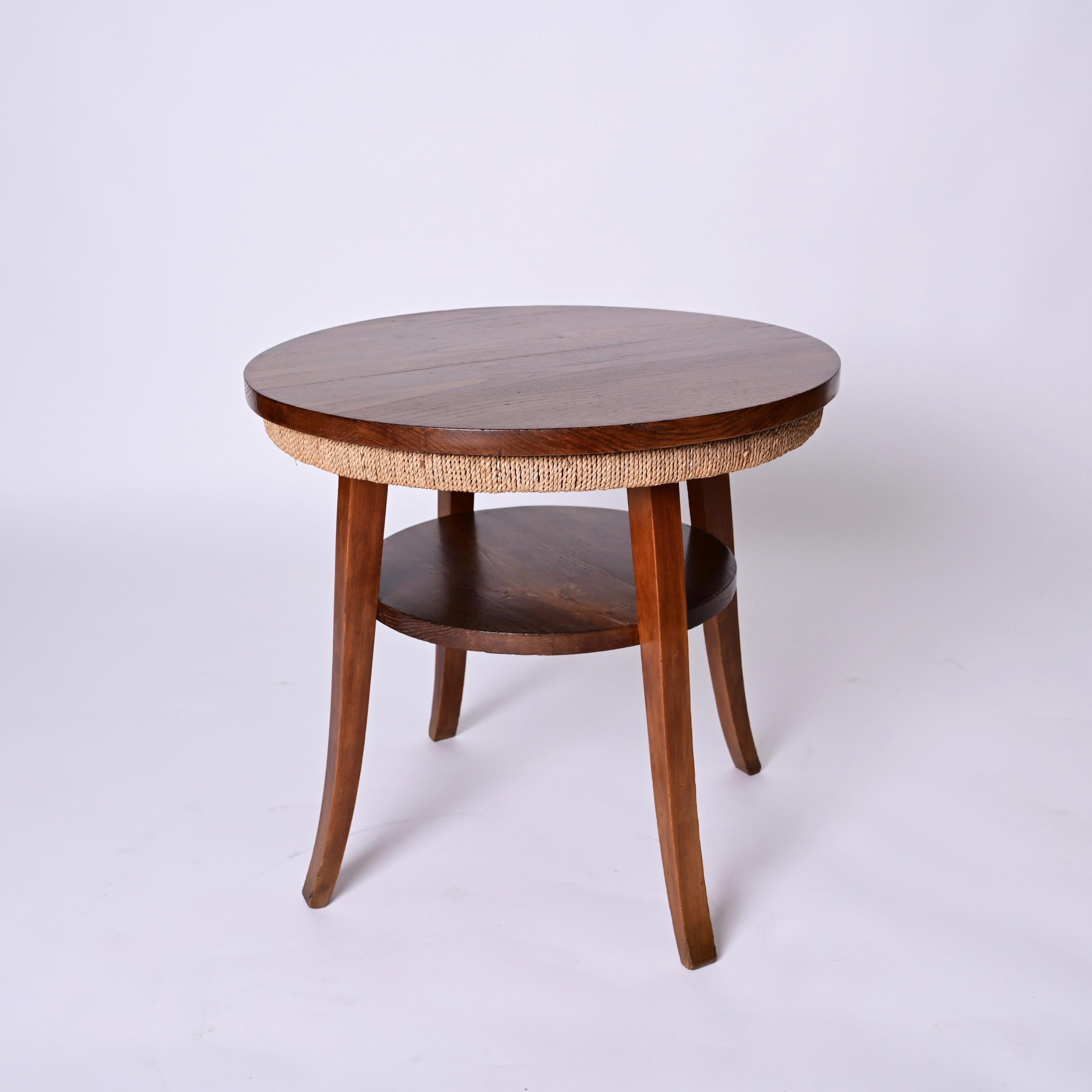 Midcentury Two-Tier Round Rope and Chestnut Wood Italian Coffee Table, 1950s For Sale 8