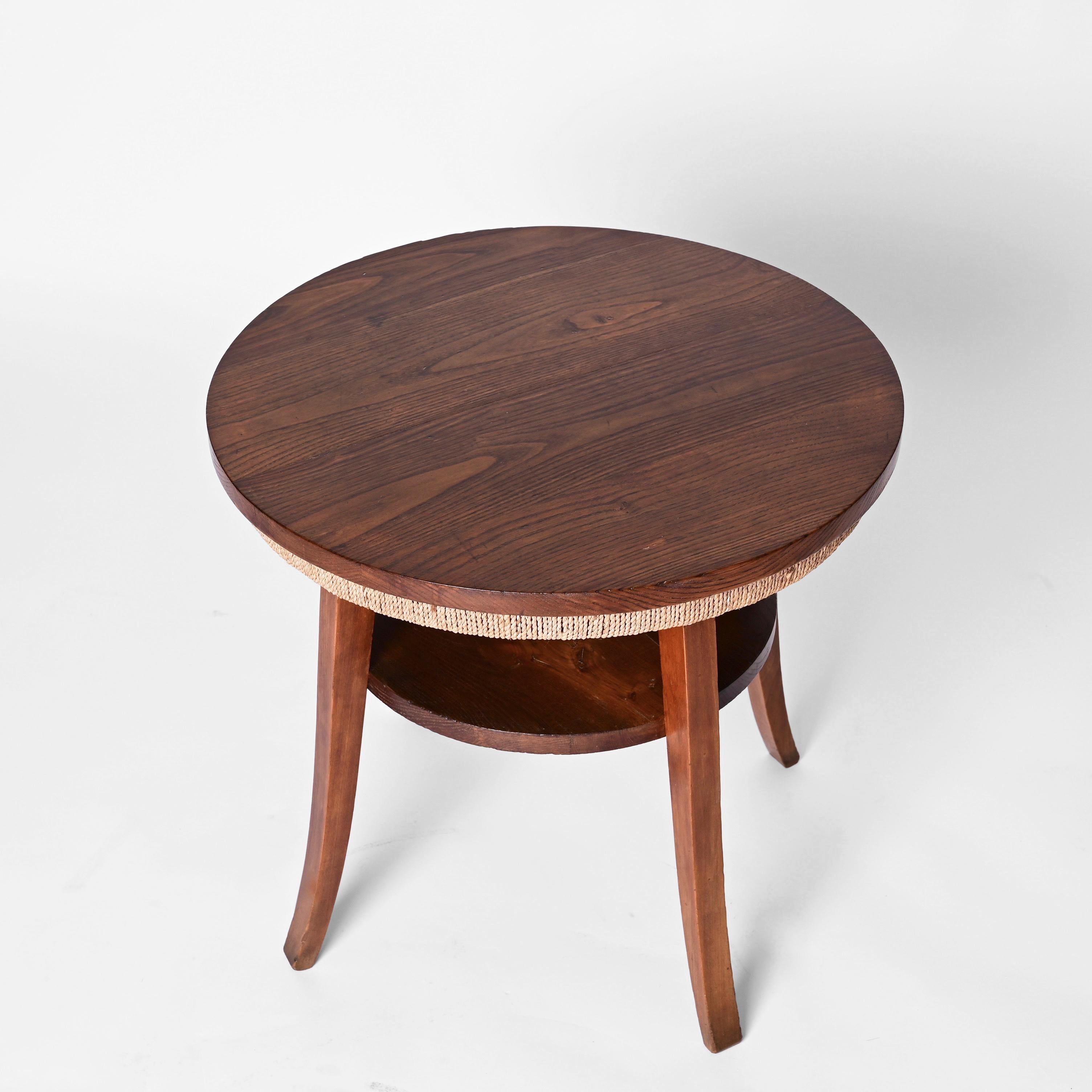 Midcentury Two-Tier Round Rope and Chestnut Wood Italian Coffee Table, 1950s For Sale 9
