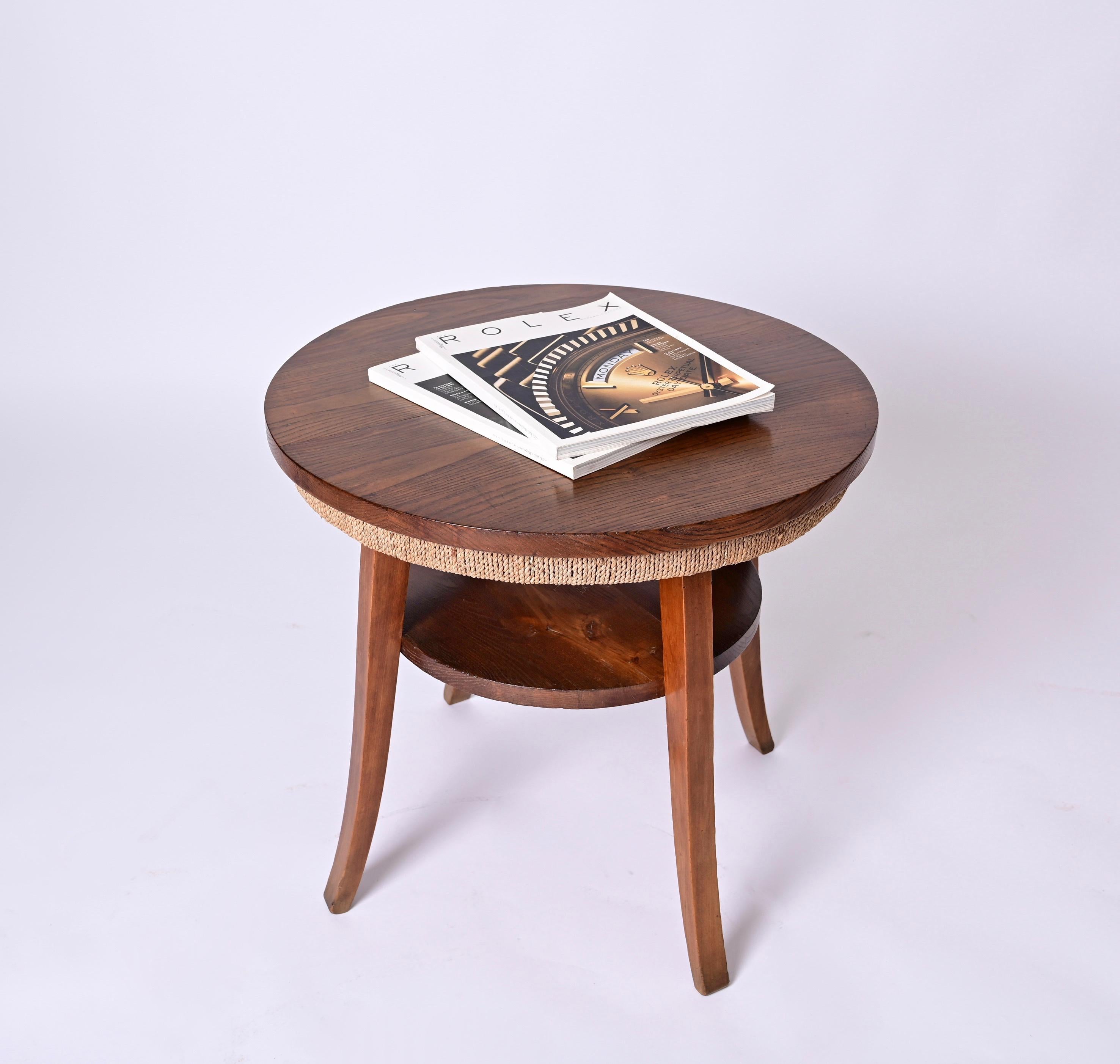 Midcentury Two-Tier Round Rope and Chestnut Wood Italian Coffee Table, 1950s For Sale 10