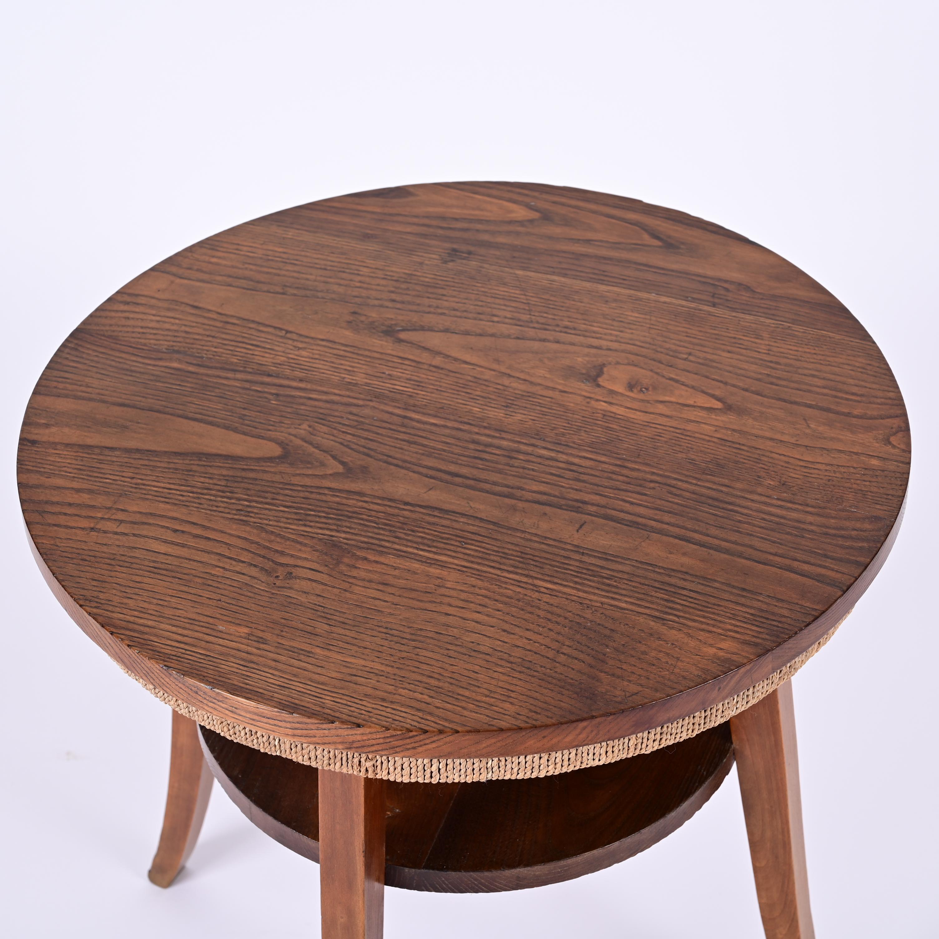Mid-Century Modern Midcentury Two-Tier Round Rope and Chestnut Wood Italian Coffee Table, 1950s For Sale