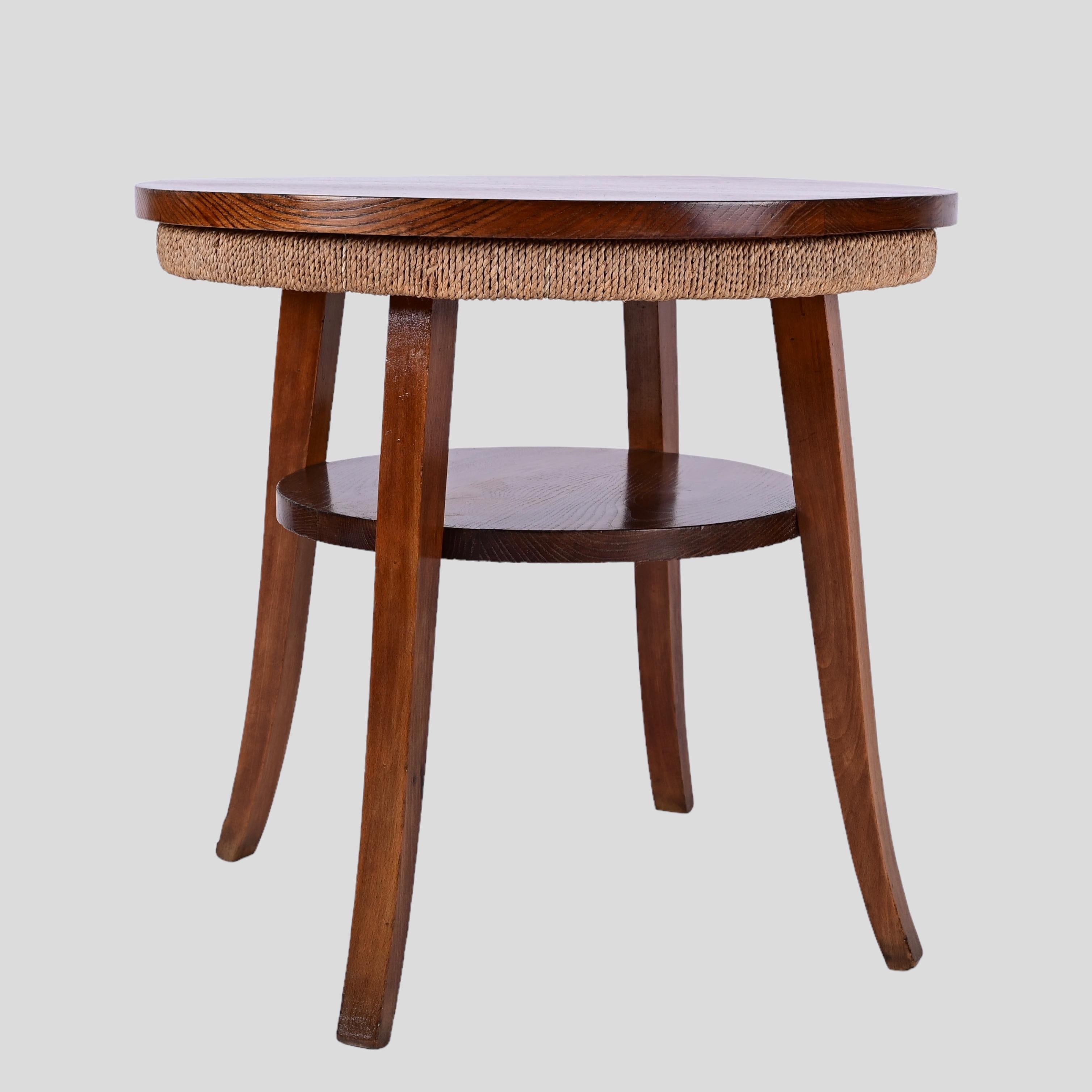 English Midcentury Two-Tier Round Rope and Chestnut Wood Italian Coffee Table, 1950s For Sale