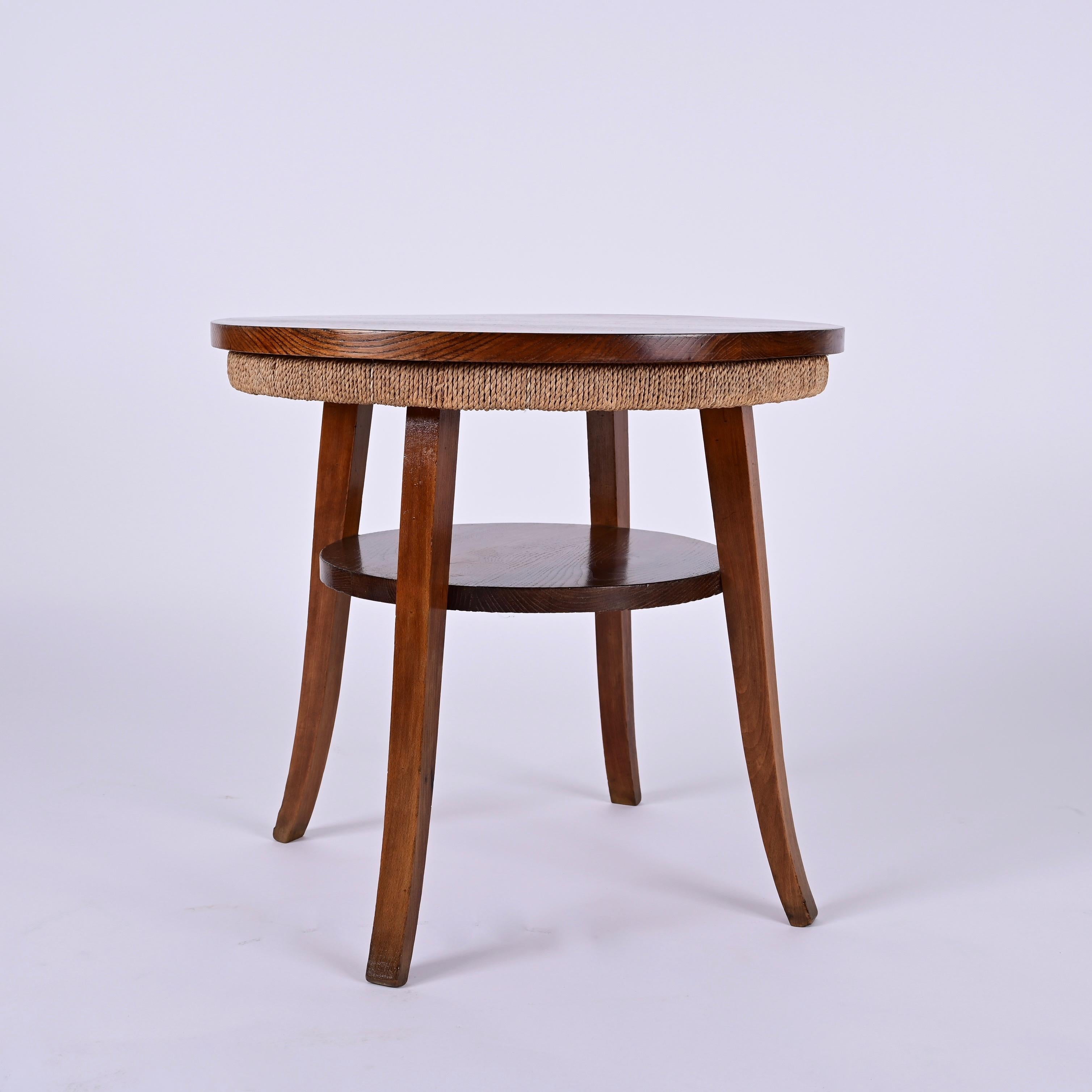 20th Century Midcentury Two-Tier Round Rope and Chestnut Wood Italian Coffee Table, 1950s For Sale
