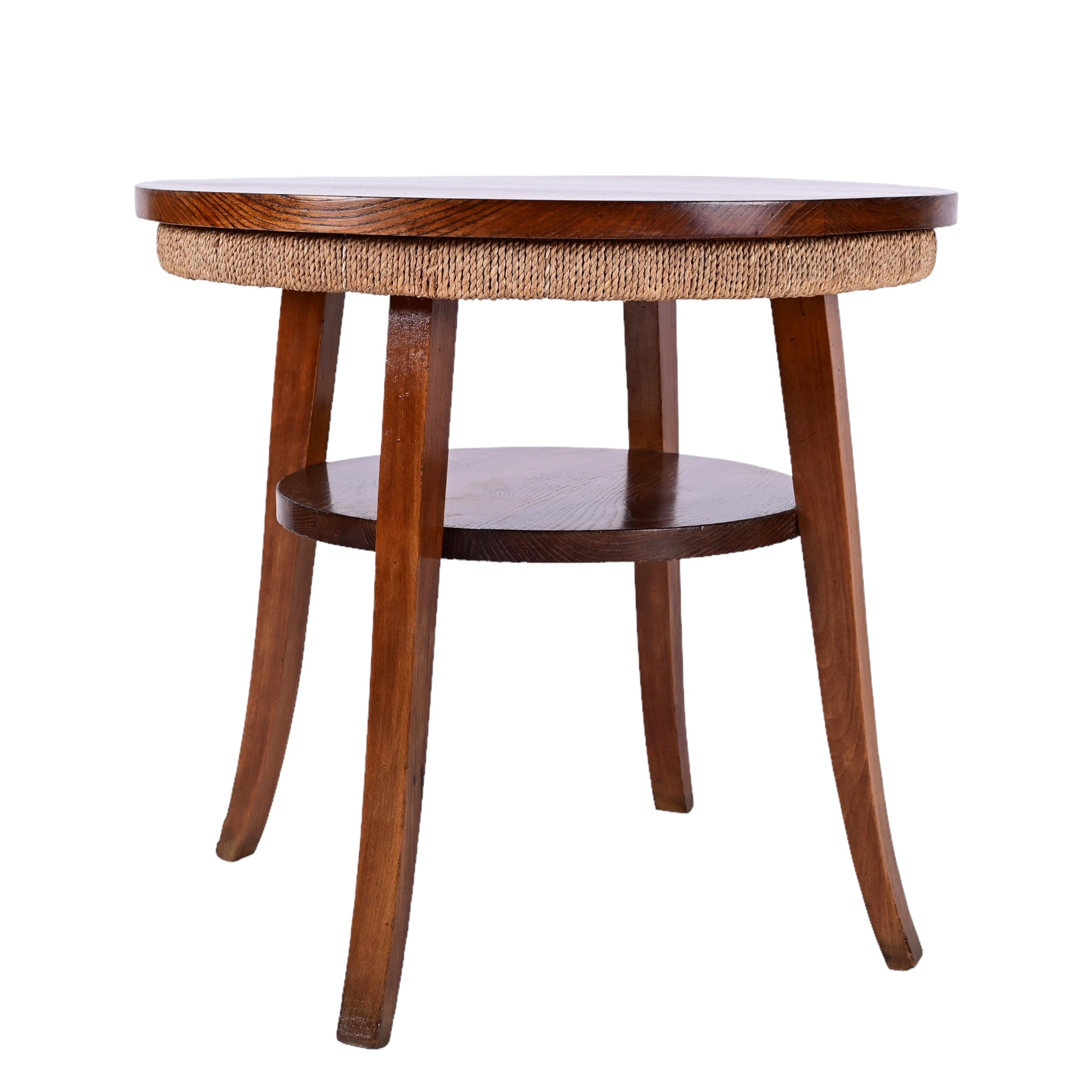 Midcentury Two-Tier Round Rope and Chestnut Wood Italian Coffee Table, 1950s For Sale 1