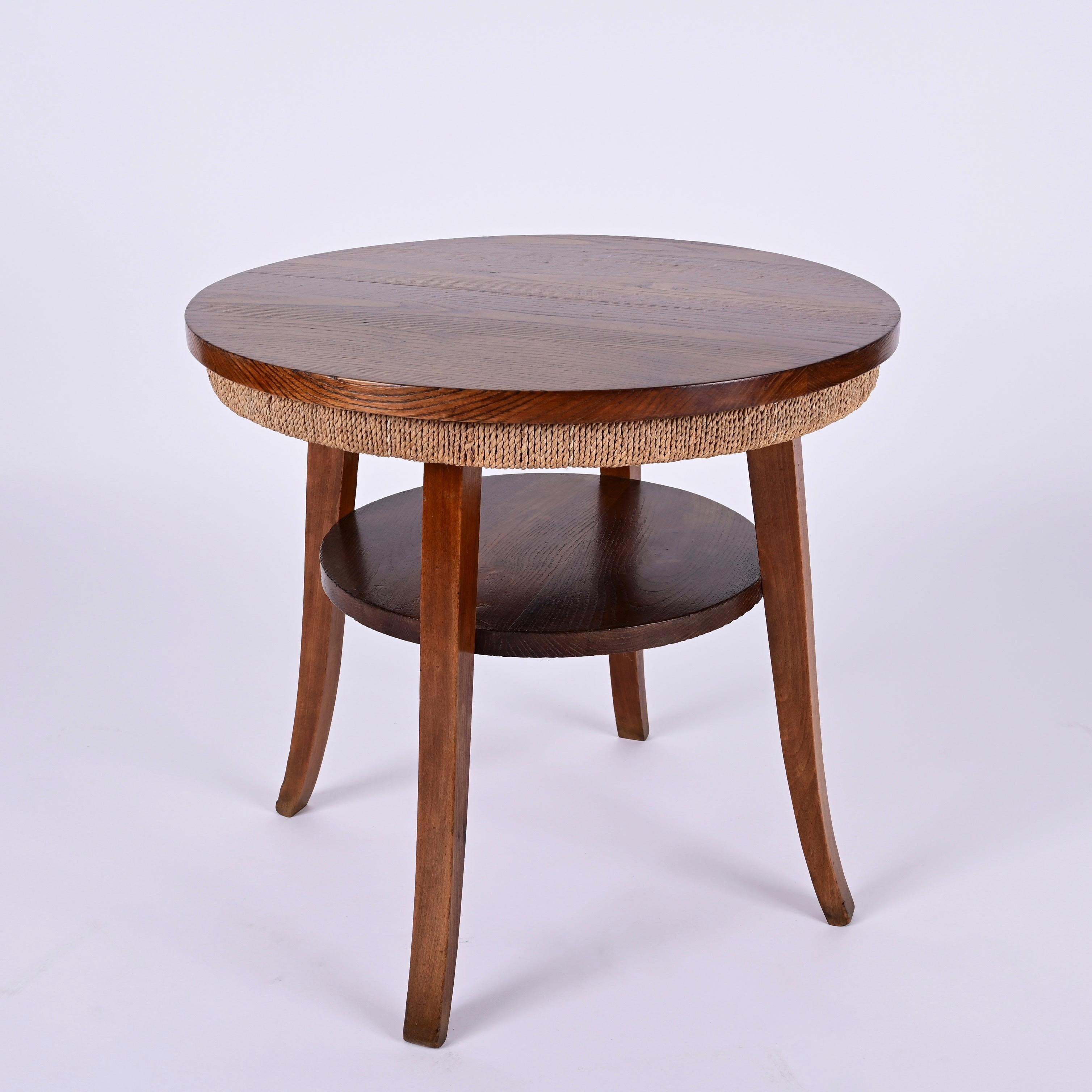 Midcentury Two-Tier Round Rope and Chestnut Wood Italian Coffee Table, 1950s For Sale 2