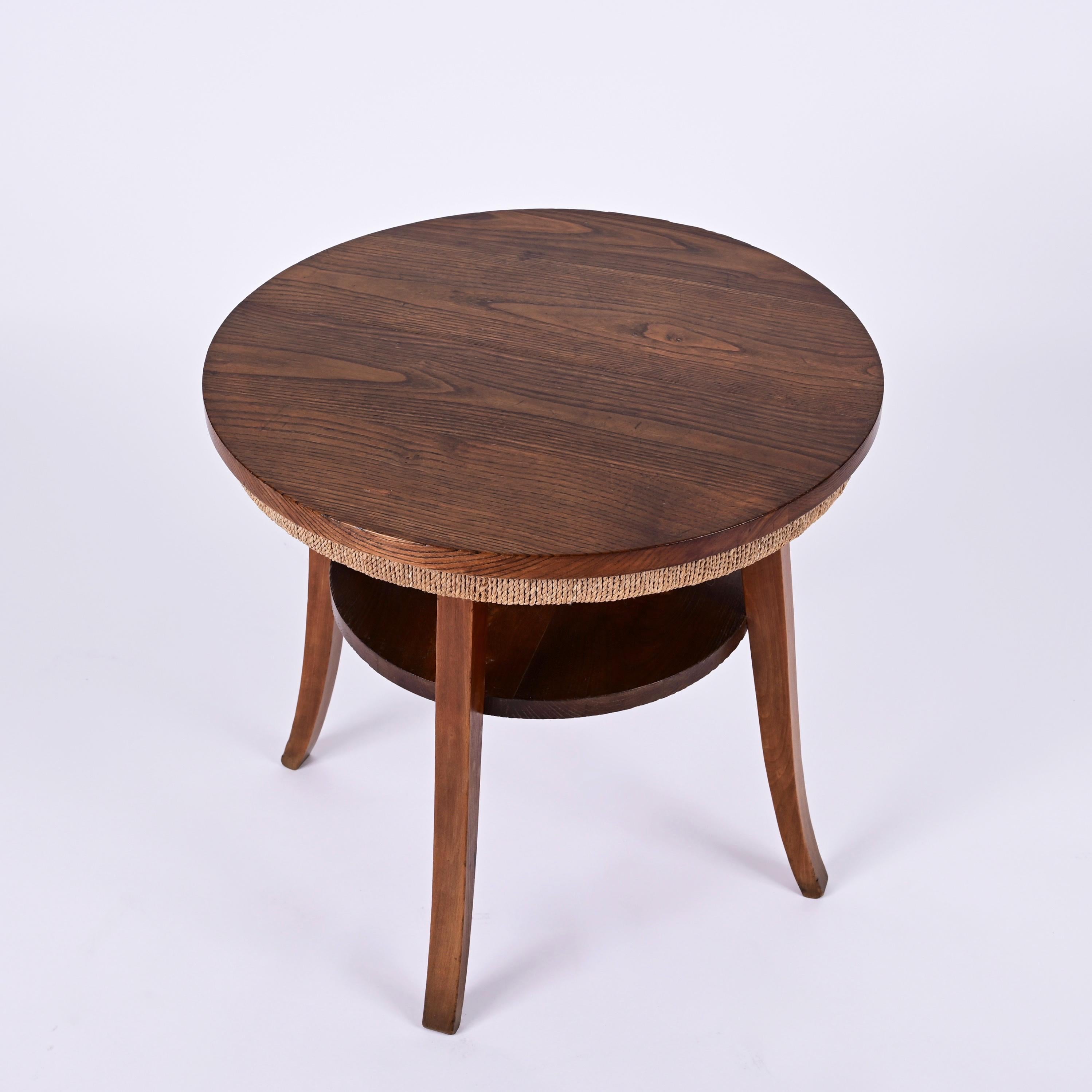 Midcentury Two-Tier Round Rope and Chestnut Wood Italian Coffee Table, 1950s For Sale 3