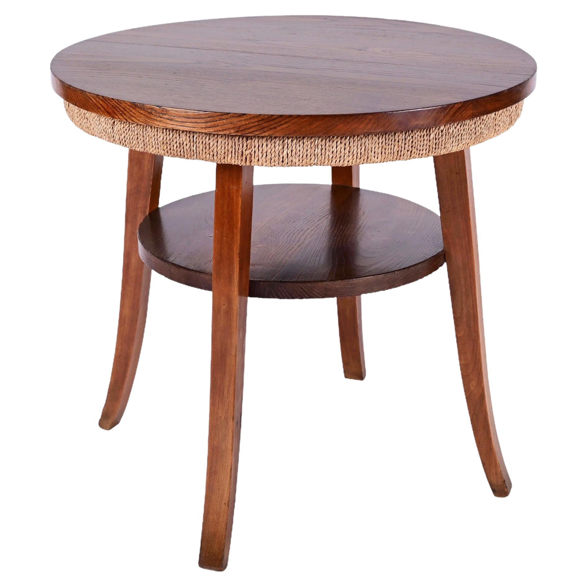 Midcentury Two-Tier Round Rope and Chestnut Wood Italian Coffee Table, 1950s For Sale