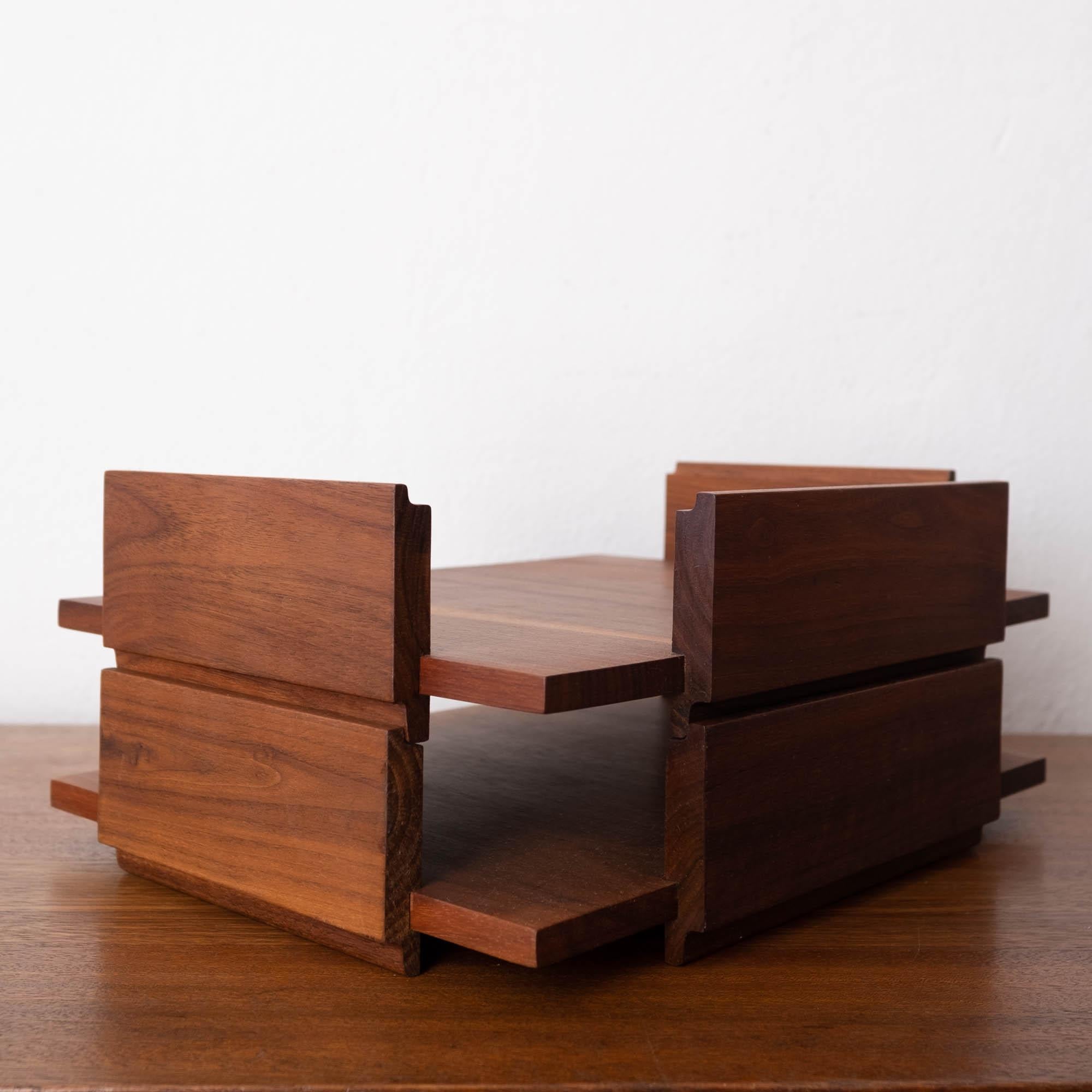 Midcentury Two Tier Stackable Solid Walnut Letter Tray 1