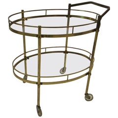 Vintage Midcentury Two-Tiered Oval Brass Glass Bar Cart Trolley