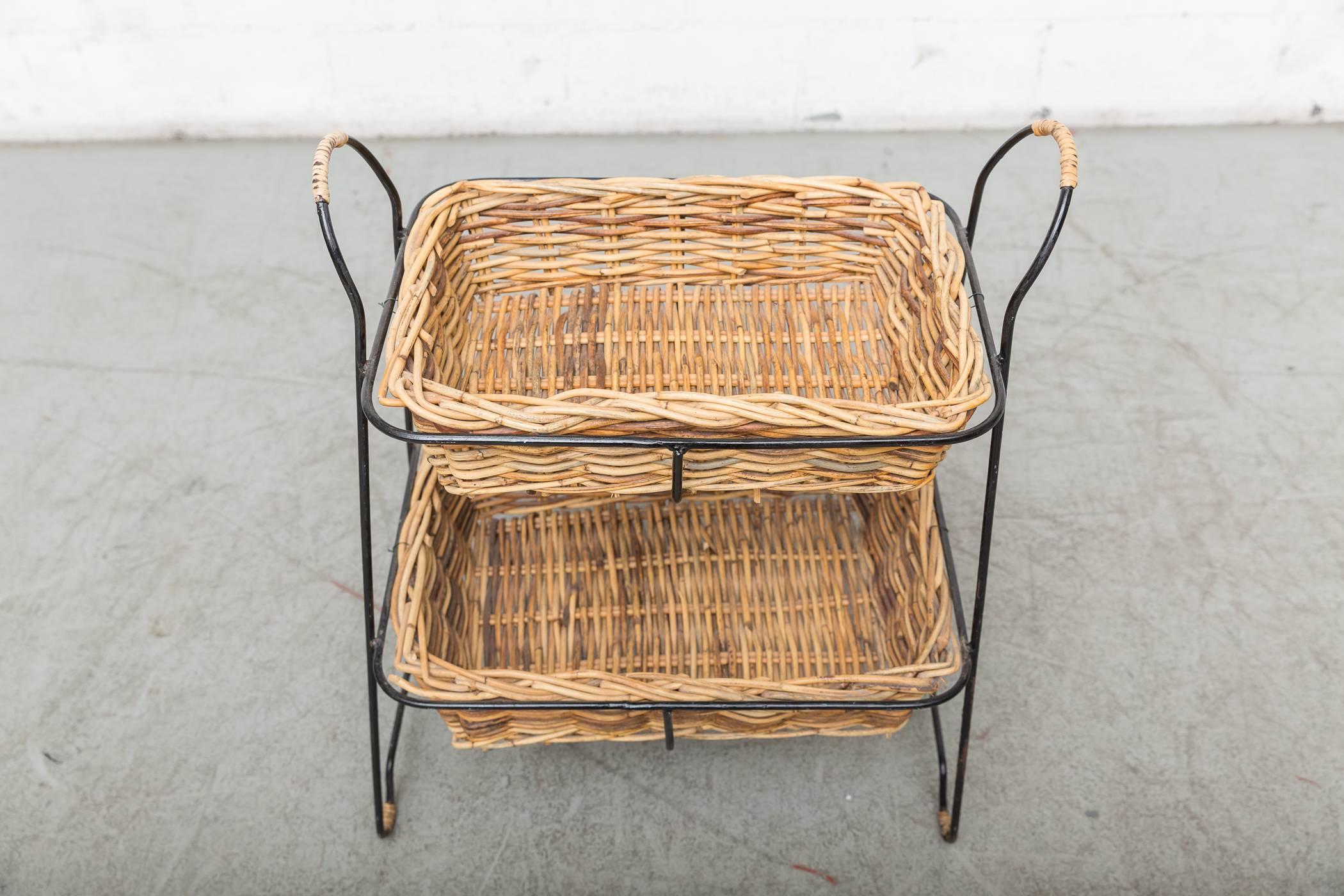 Midcentury Two-Tiered Rattan Magazine Rack In Good Condition In Los Angeles, CA