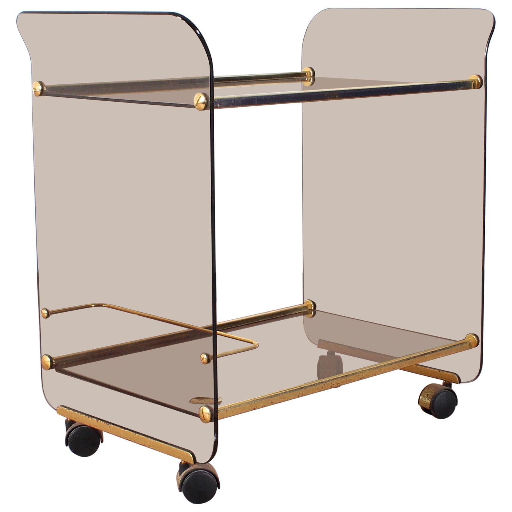 Midcentury U. Mascagni Curved Glass and Golden Brass Serving Bar Cart, Italy