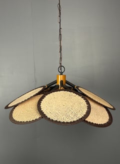 Midcentury uchiwa fan macrame fiber rattan hanging pendant lamp, 1970s