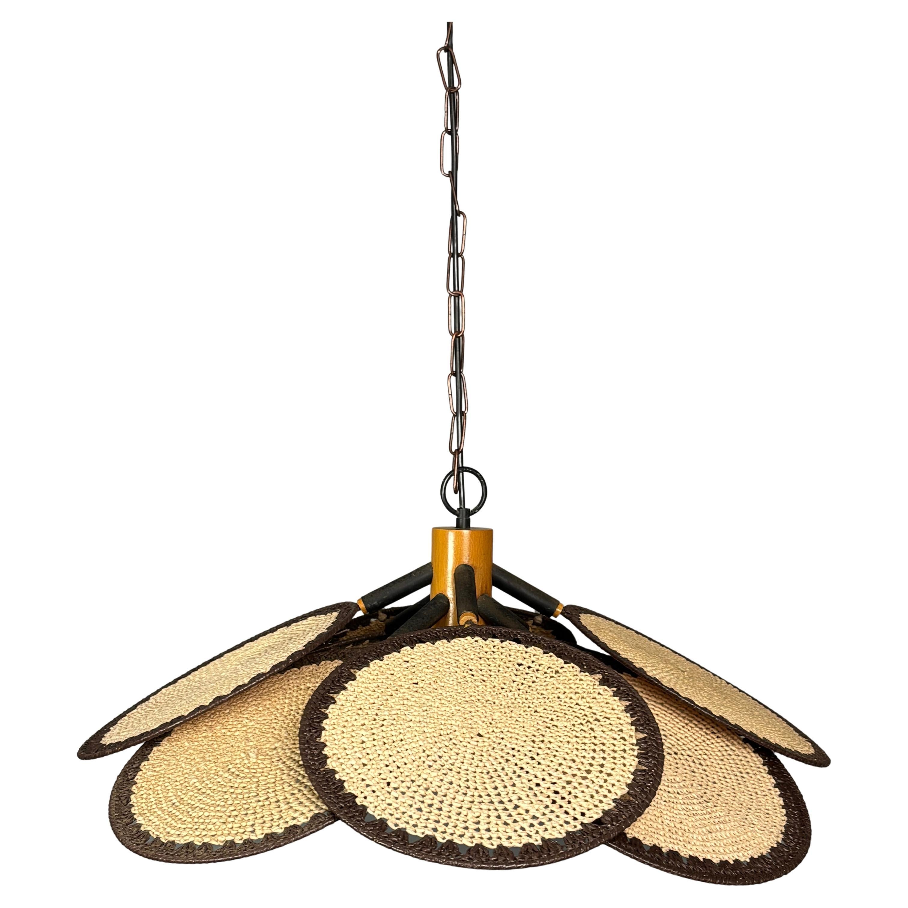 Midcentury uchiwa fan macrame fiber rattan hanging pendant lamp, 1970s in vendita