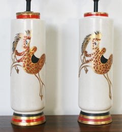 Midcentury Ugo Zaccagnini Pair of Unique Ceramic Table Lamps Red Gold Horse