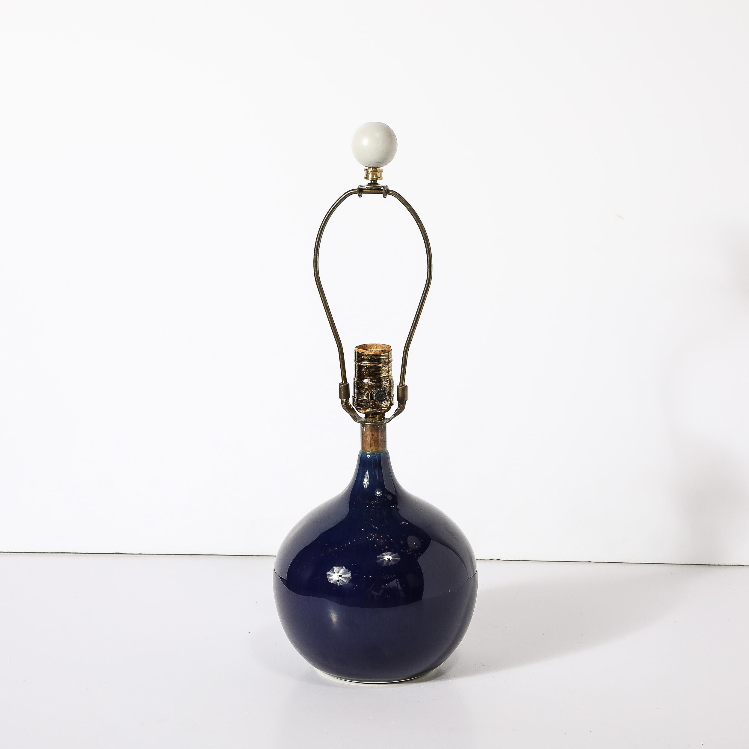 MidCentury Ultramarine Blue Glazed Ceramic Table Lamp by Lotte & Gunnar Bostlund In Excellent Condition For Sale In New York, NY