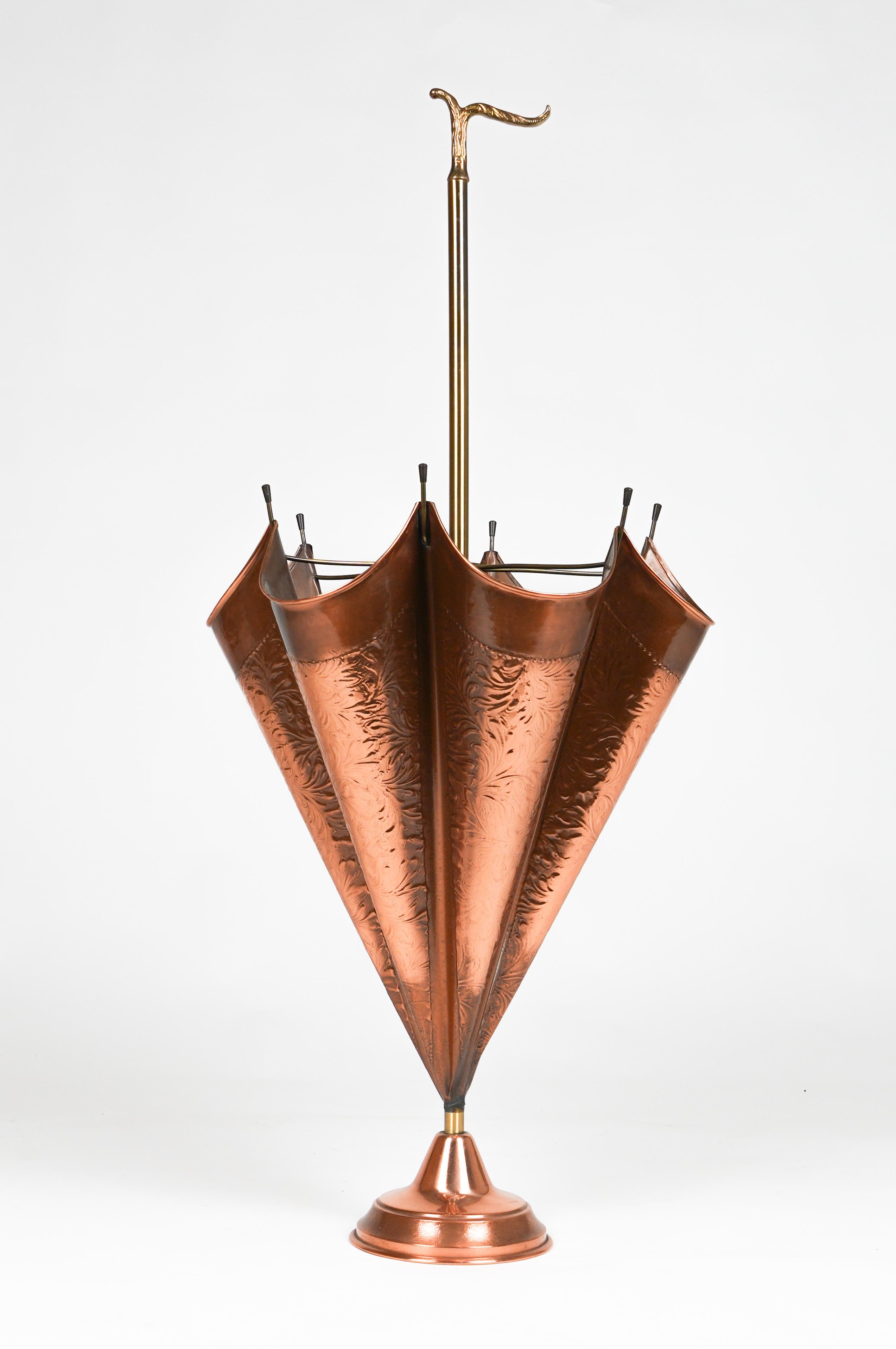 Mid-Century Modern Midcentury Umbrella Stand in Copper and Brass, Italy 1970s For Sale