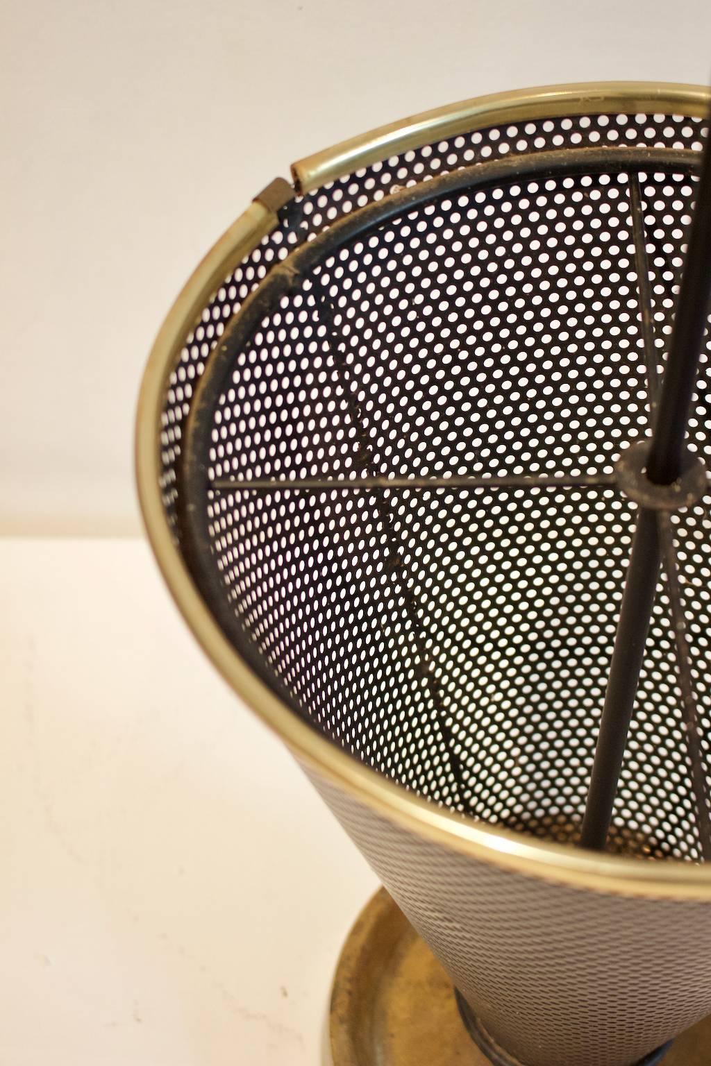 Lacquered Midcentury Umbrella Stand of Black Perforated Metal and Brass, European