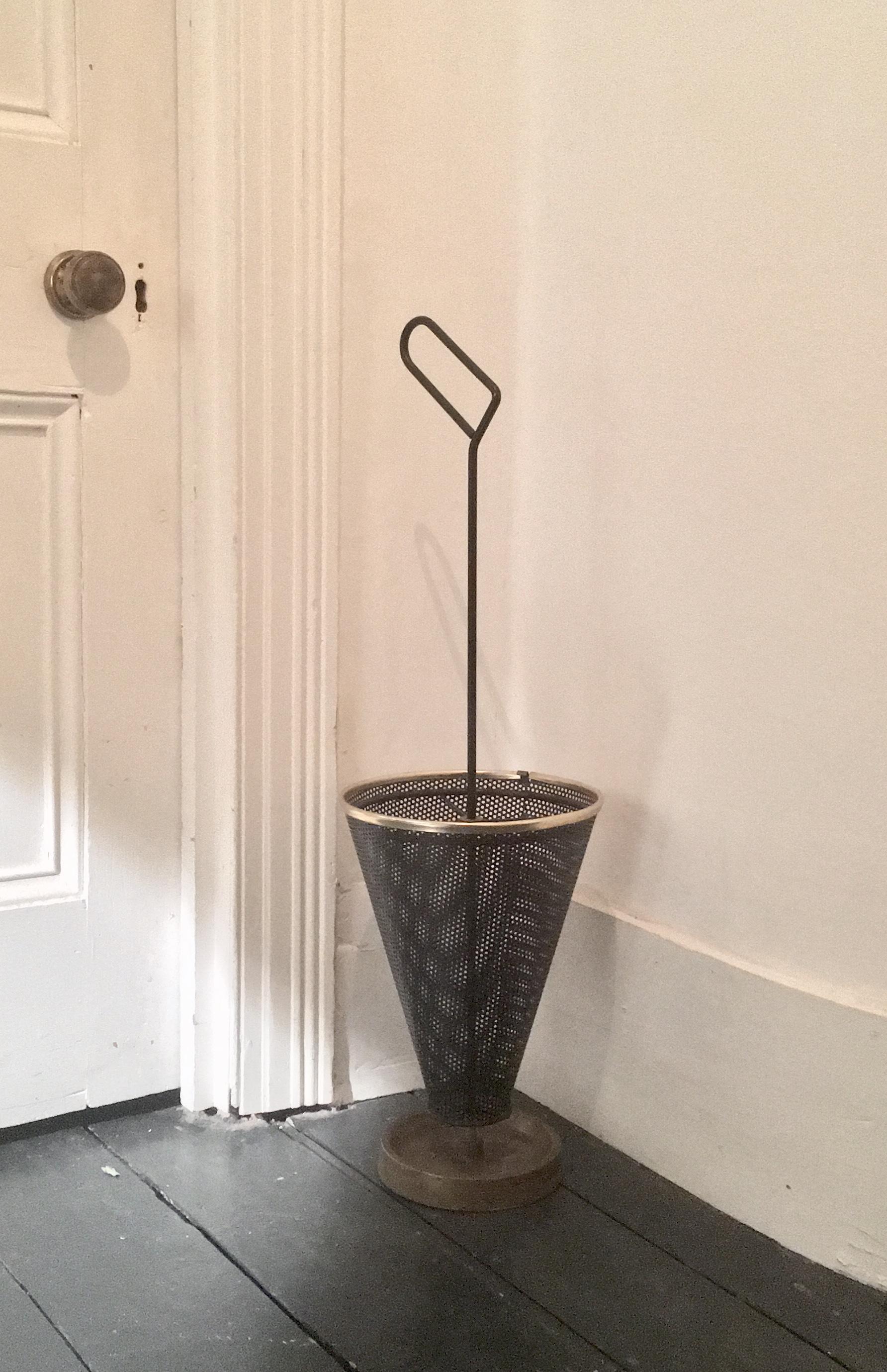 Midcentury Umbrella Stand of Black Perforated Metal and Brass, European 1