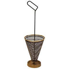 Midcentury Umbrella Stand of Black Perforated Metal and Brass, European