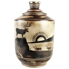 Midcentury Unique Lidded Art Deco Urn Flambé Gunnar Nylund for Rörstrand, Sweden