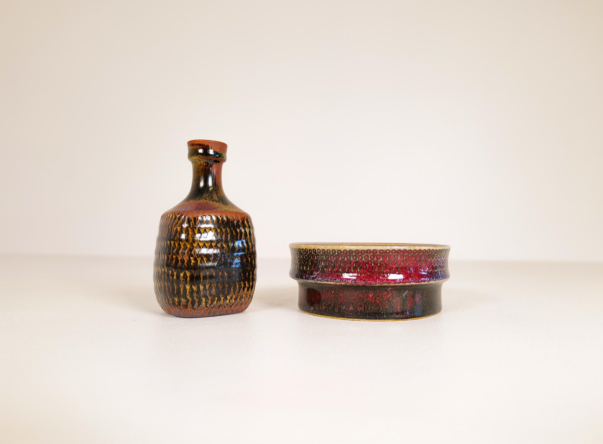 Glazed Midcentury Unique Stig Lindberg Ceramic Vase and Bowl Gustavsberg Sweden, 1960s For Sale