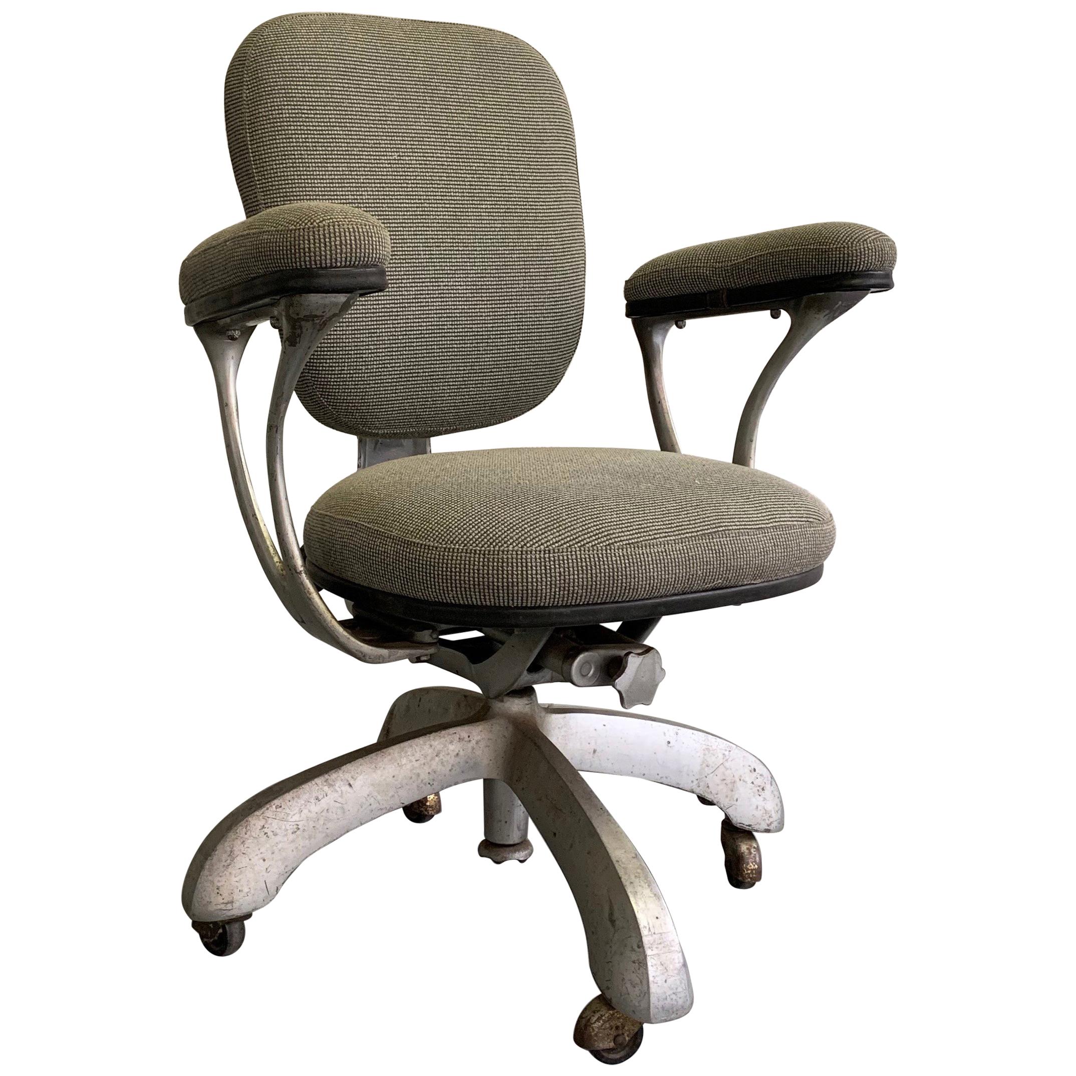 Midcentury Upholstered Steel Frame Rolling Office Armchair For Sale