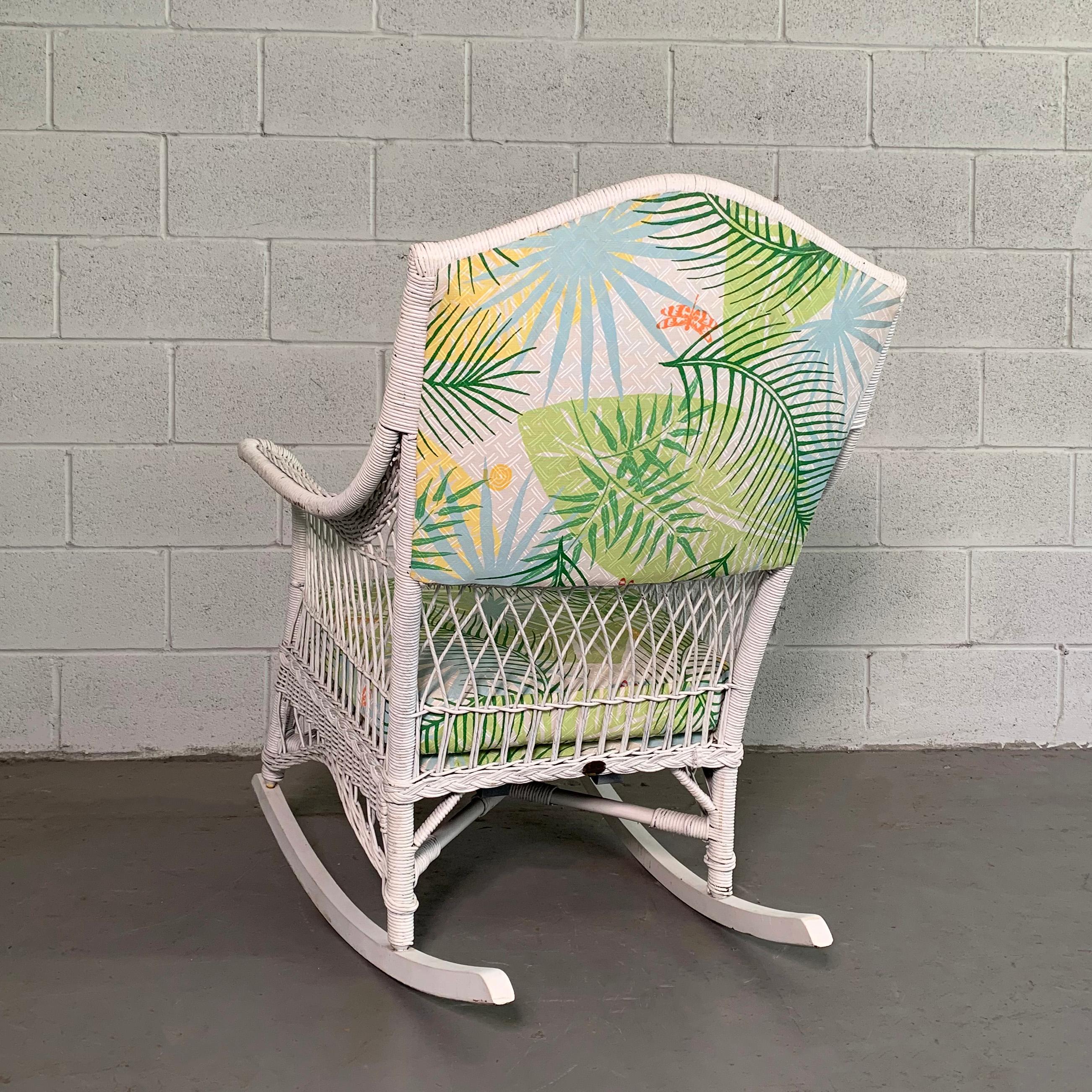 Mid-Century Modern Midcentury Upholstered White Wicker Rocking Chair