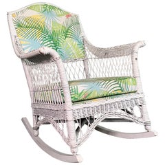 Vintage Midcentury Upholstered White Wicker Rocking Chair