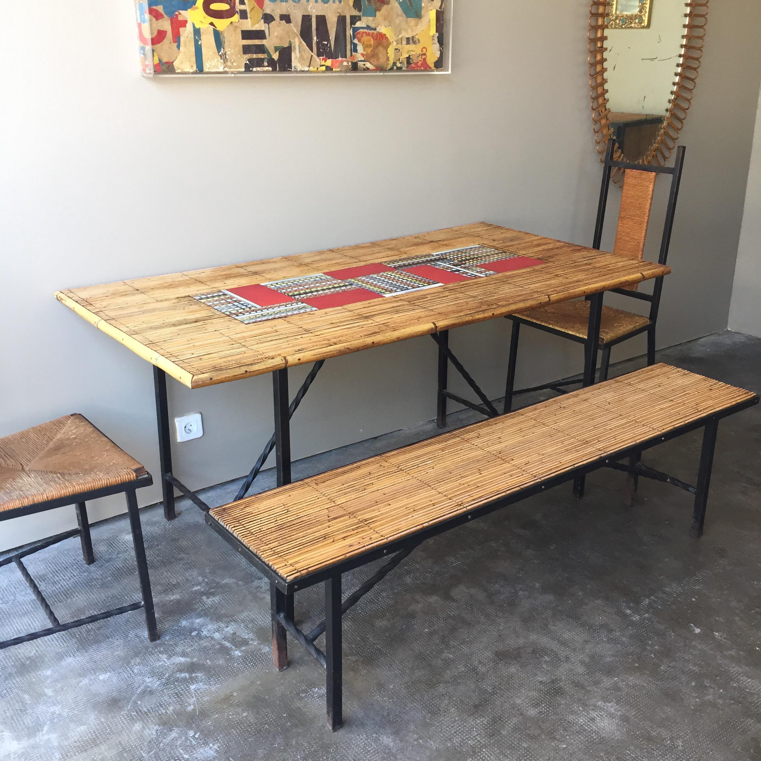 Mid-Century Modern Midcentury, Vallauris Bamboo Capron Dining Table Set with 2 Chairs and 1 Bench For Sale