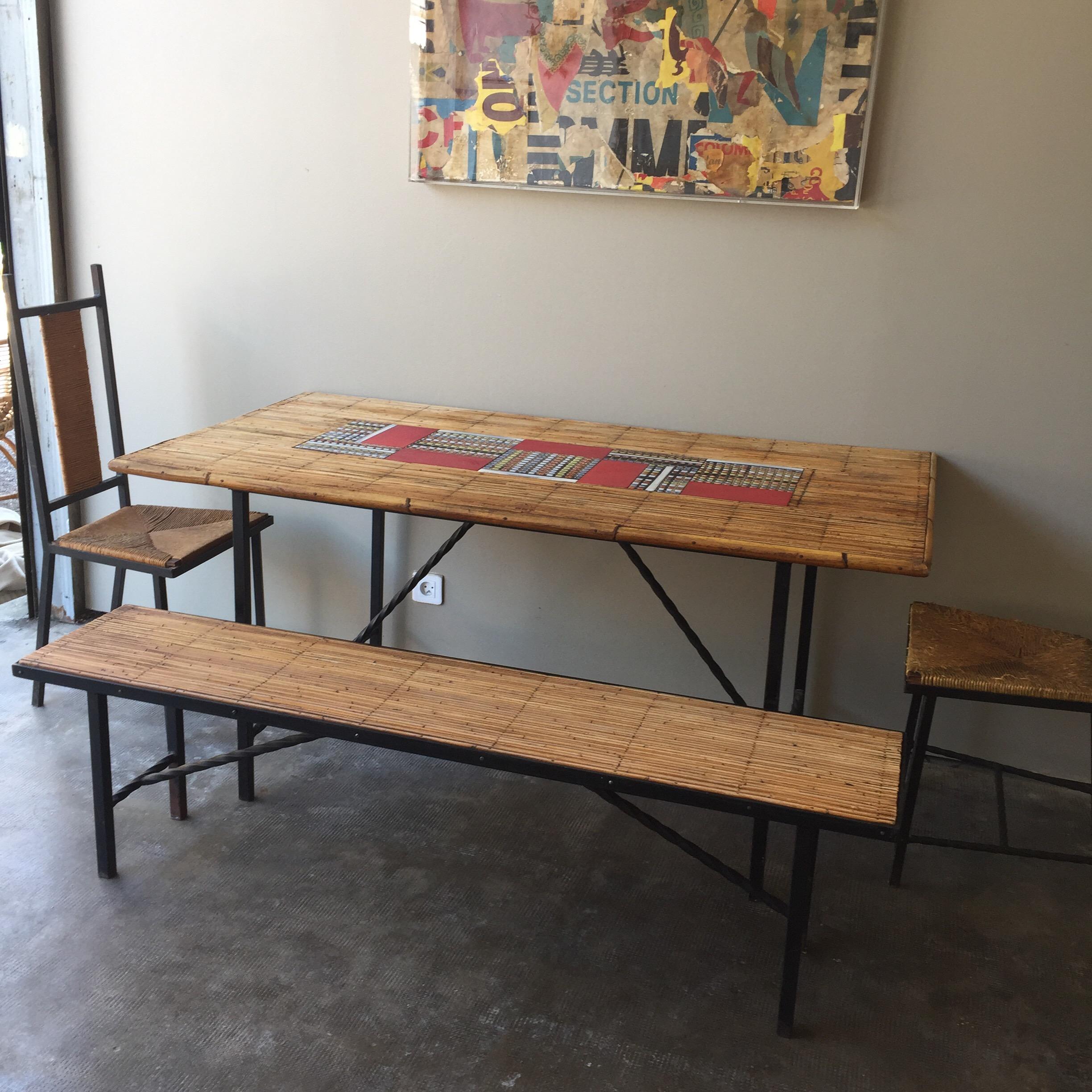 Enameled Midcentury, Vallauris Bamboo Capron Dining Table Set with 2 Chairs and 1 Bench For Sale