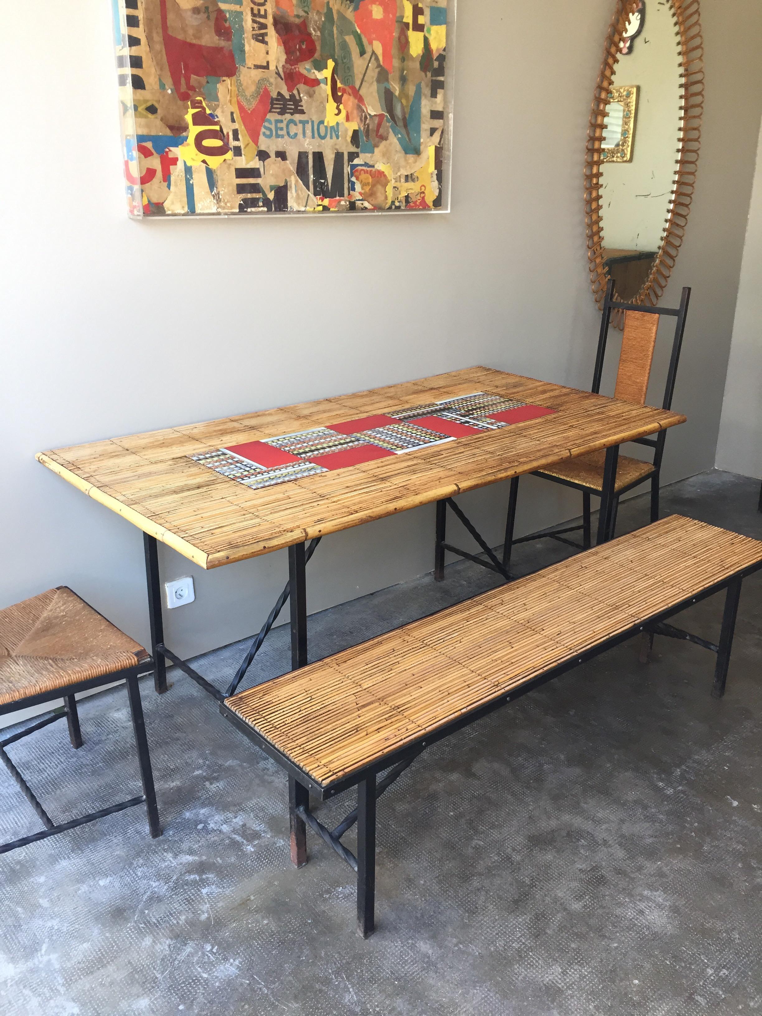 Midcentury, Vallauris Bamboo Capron Dining Table Set with 2 Chairs and 1 Bench In Good Condition For Sale In Paris, FR