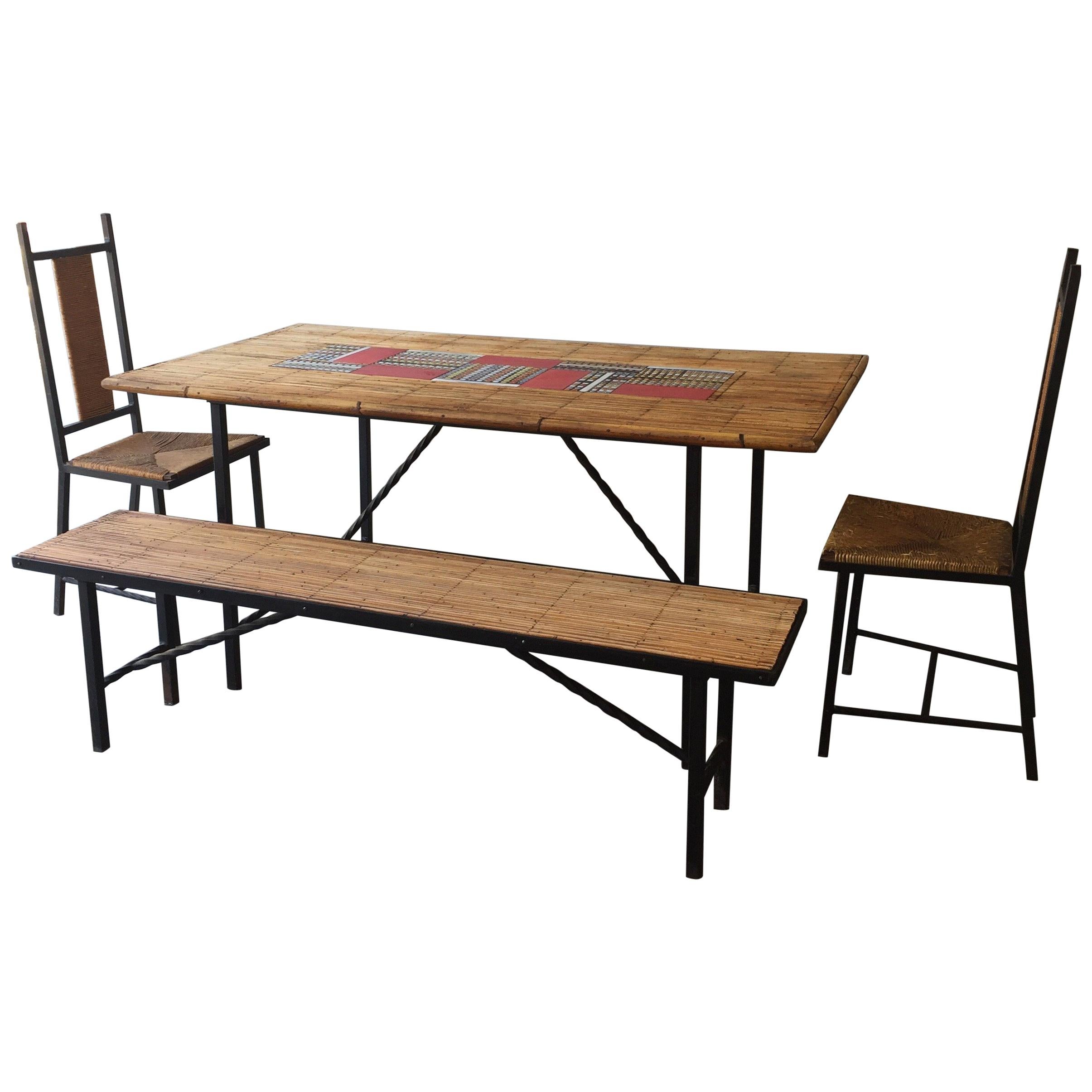 Midcentury, Vallauris Bamboo Capron Dining Table Set with 2 Chairs and 1 Bench For Sale