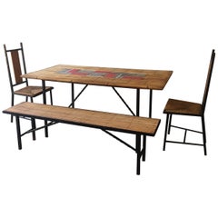 Midcentury, Vallauris Bamboo Capron Dining Table Set with 2 Chairs and 1 Bench