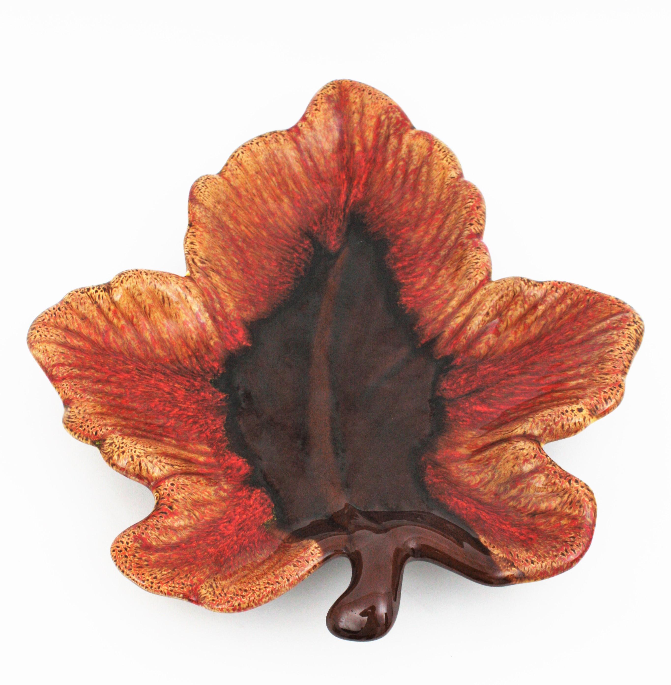 French Midcentury Vallauris Leaf Design Majolica Ceramic Large Platter / Centerpiece For Sale