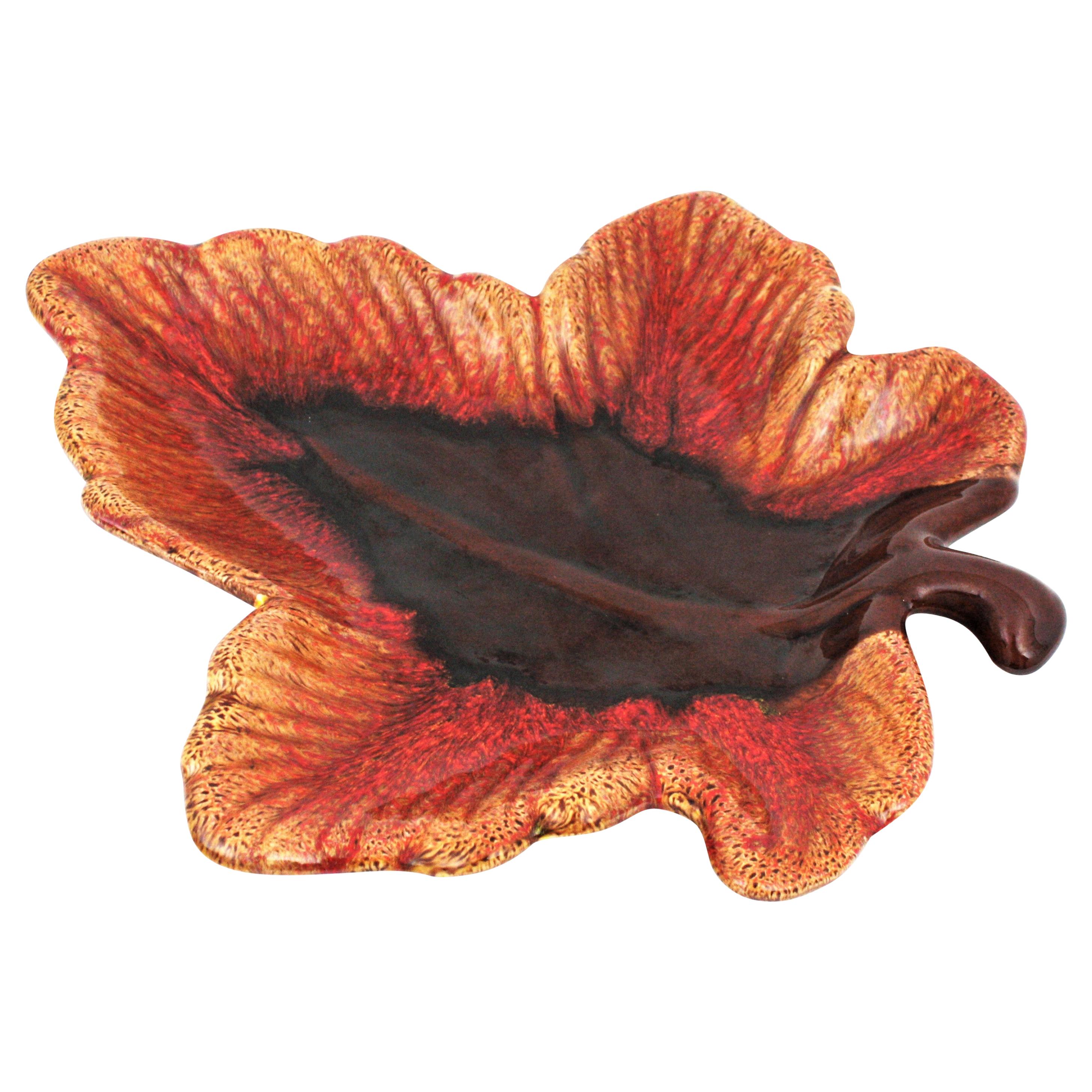 Midcentury Vallauris Leaf Design Majolica Ceramic Large Platter / Centerpiece For Sale