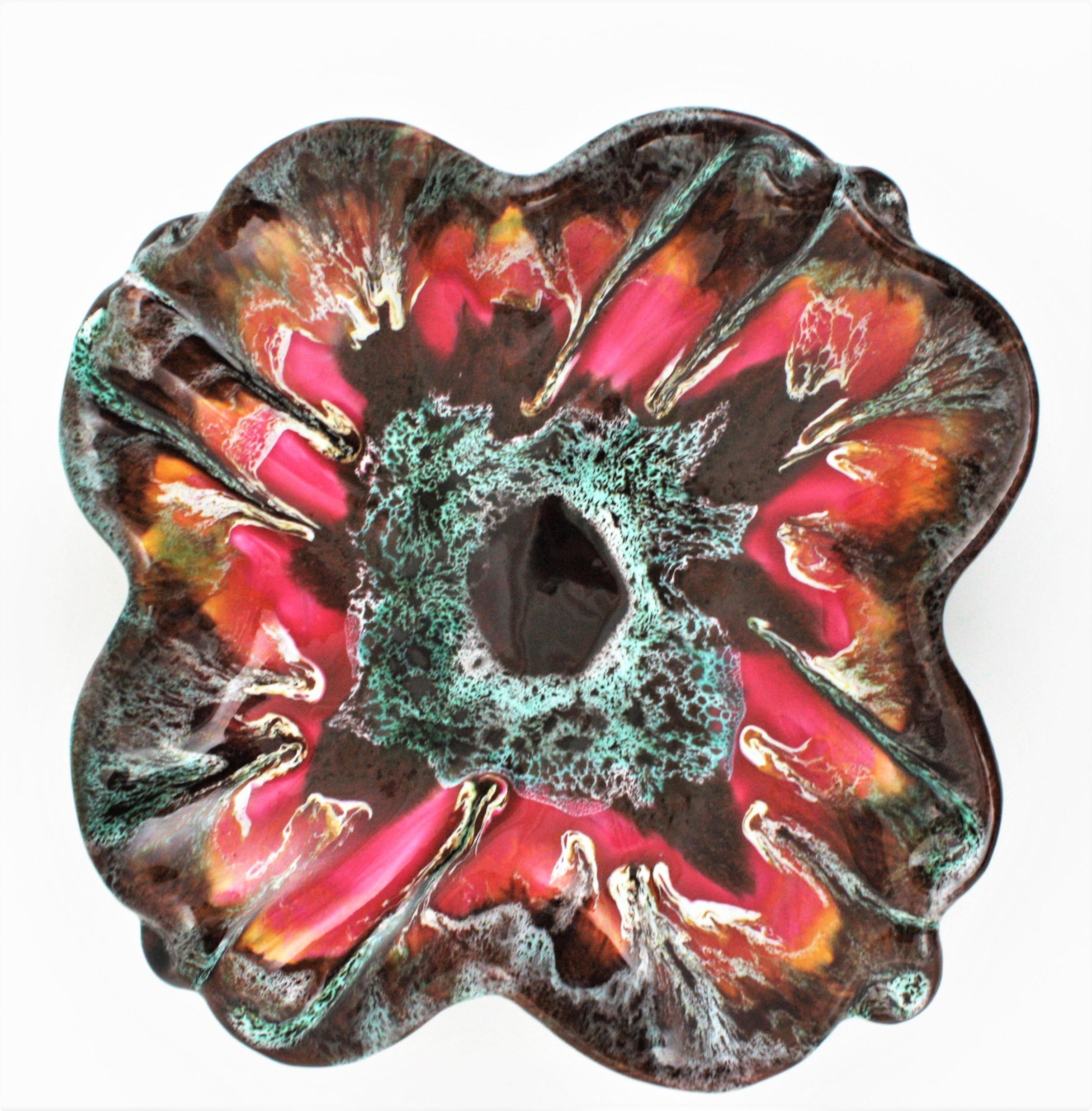 Vallauris Glazed Ceramic Platter or Centerpiece Bowl, Flower Shape For Sale 4