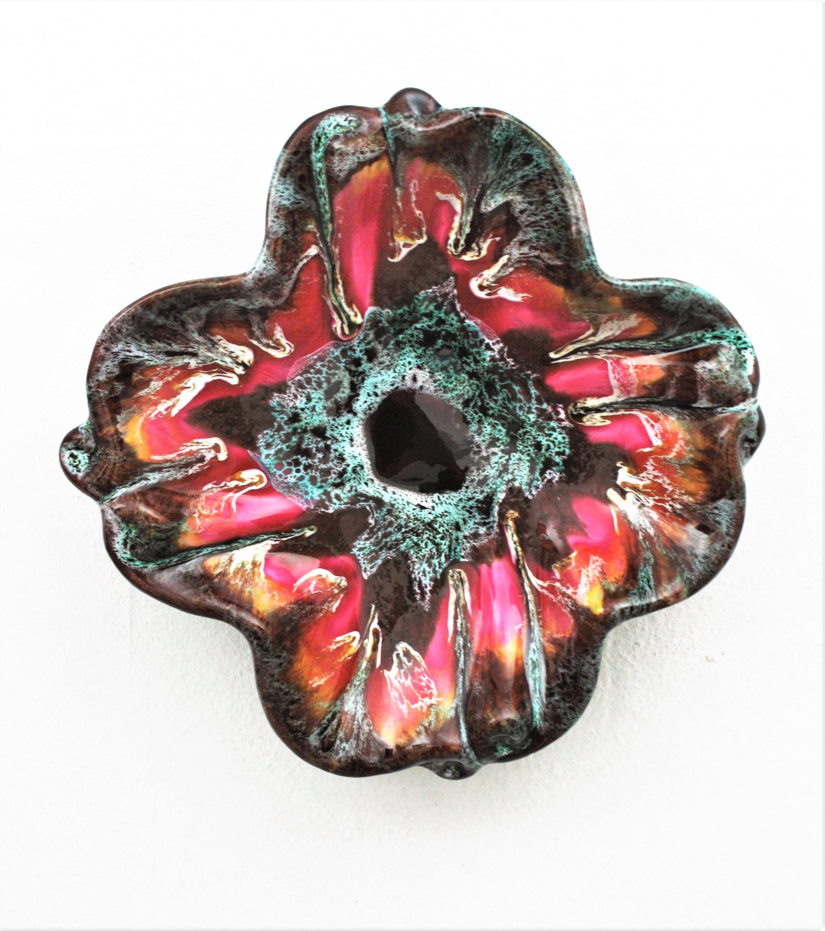Vallauris Glazed Ceramic Platter or Centerpiece Bowl, Flower Shape For Sale 6