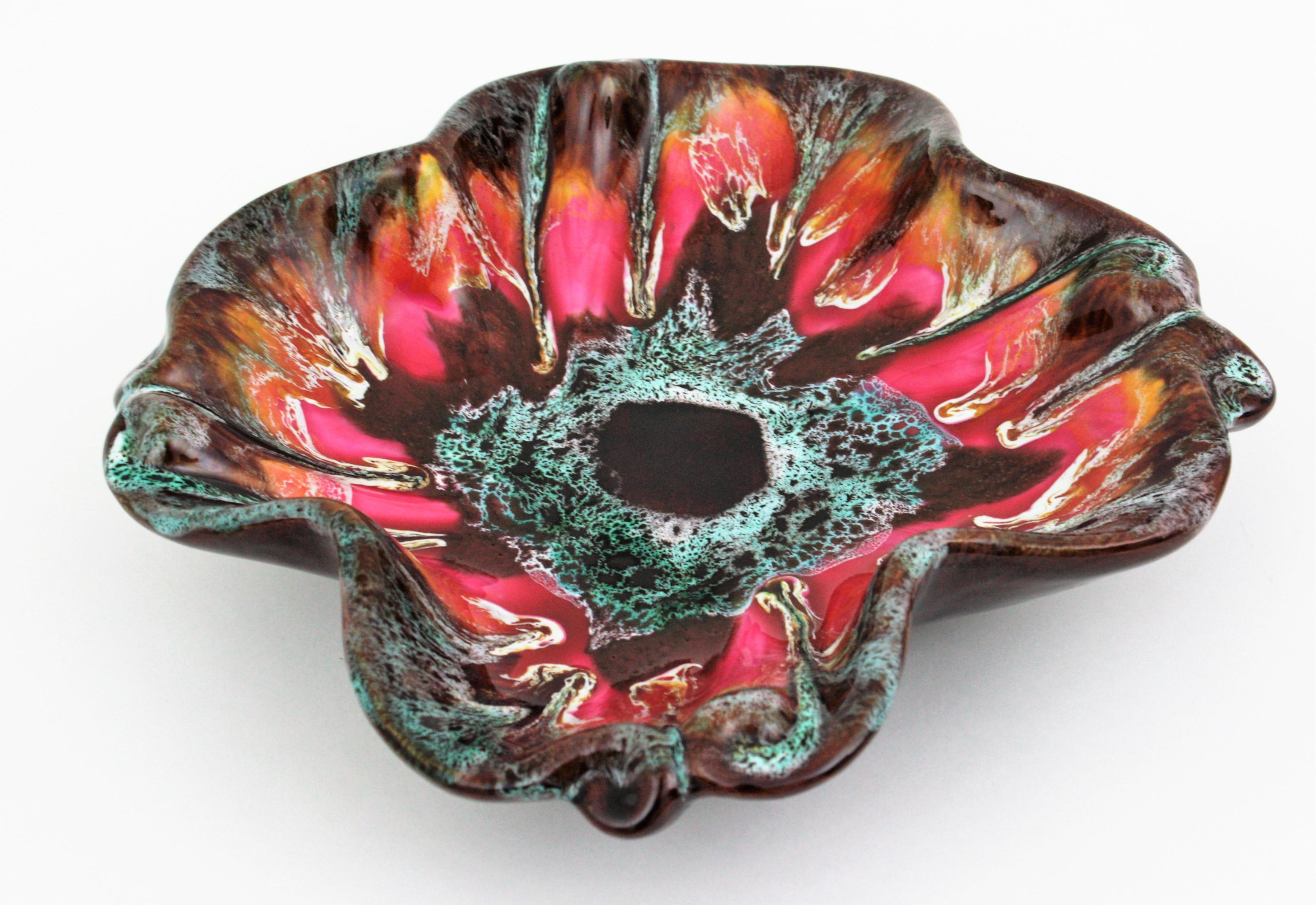 Mid-Century Modern Vallauris Glazed Ceramic Platter or Centerpiece Bowl, Flower Shape For Sale