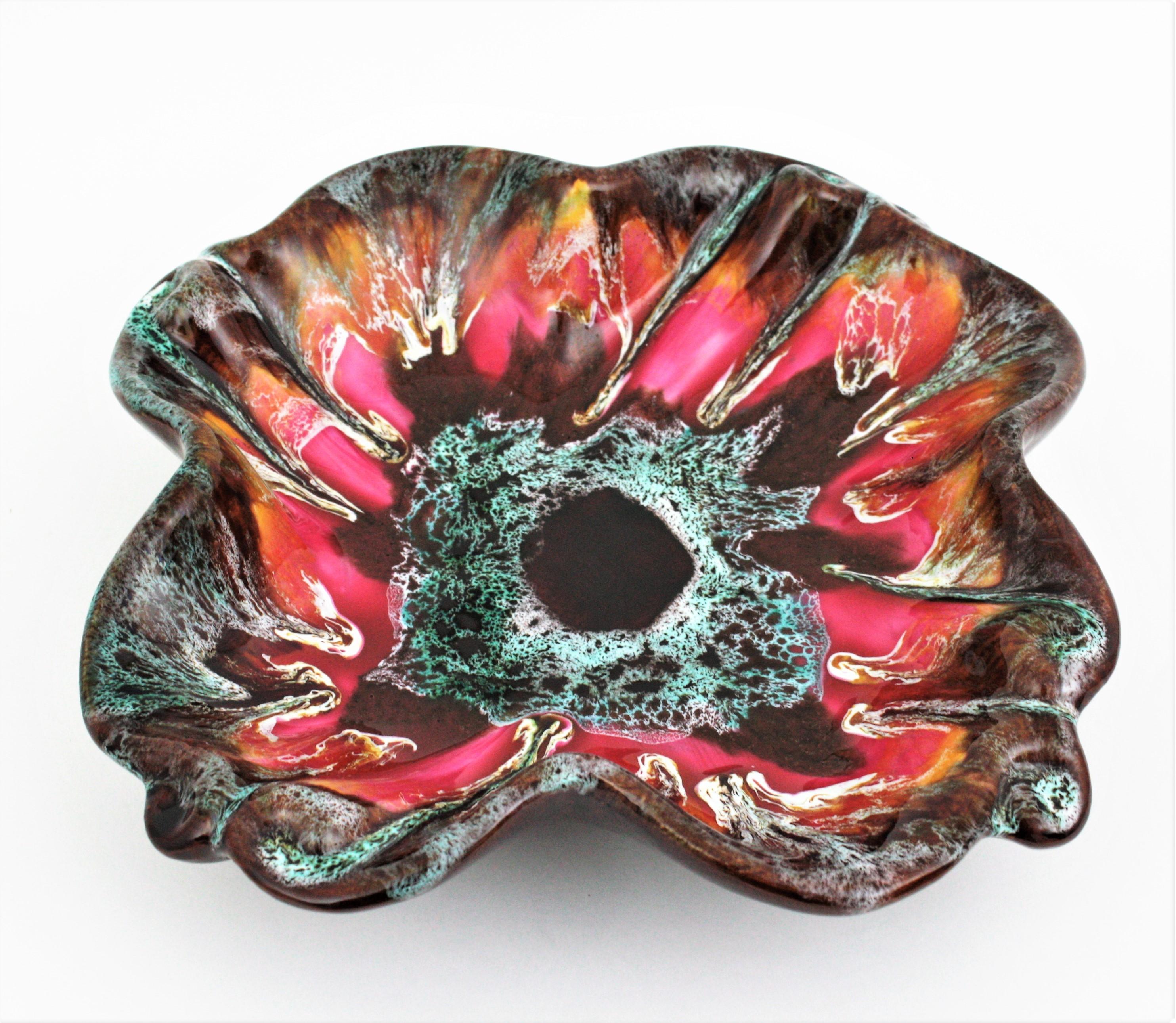 French Vallauris Glazed Ceramic Platter or Centerpiece Bowl, Flower Shape For Sale