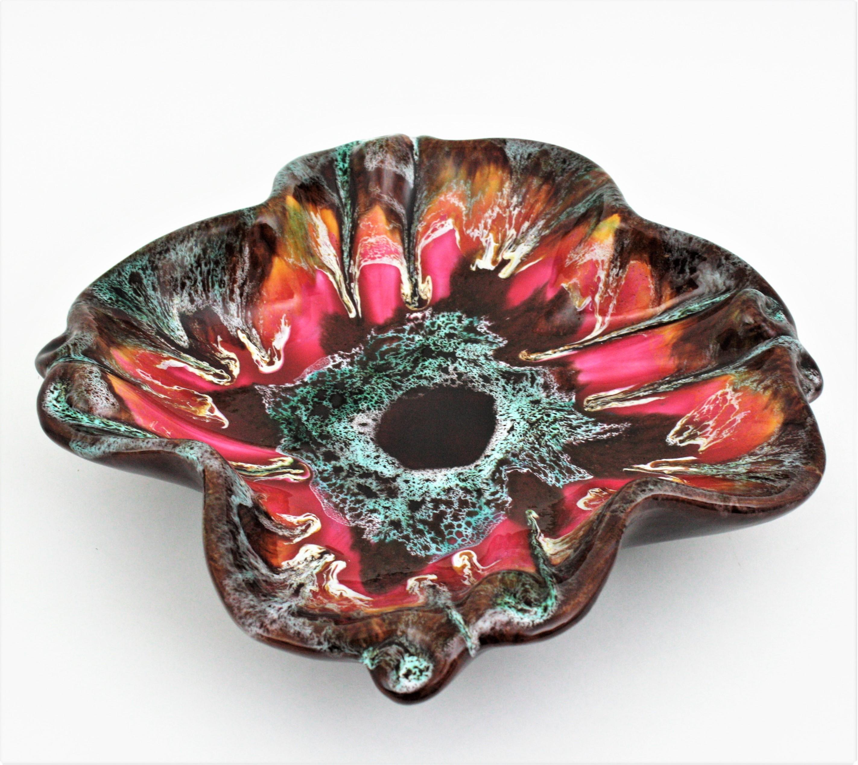 20th Century Vallauris Glazed Ceramic Platter or Centerpiece Bowl, Flower Shape For Sale