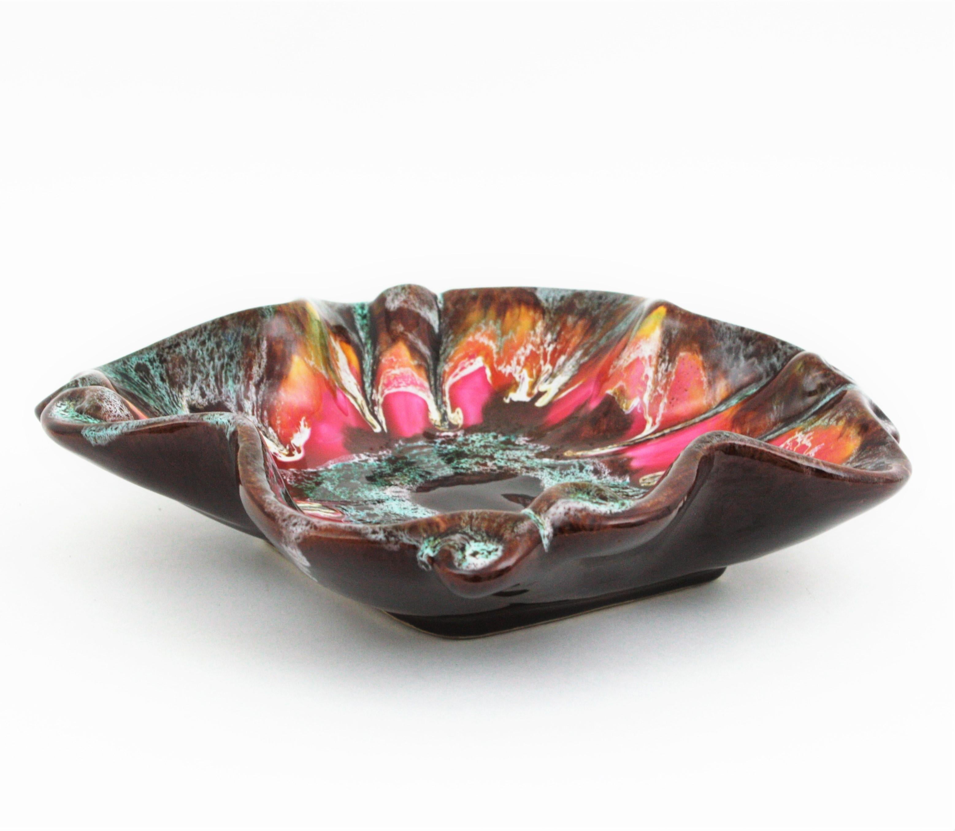 Majolica Vallauris Glazed Ceramic Platter or Centerpiece Bowl, Flower Shape For Sale