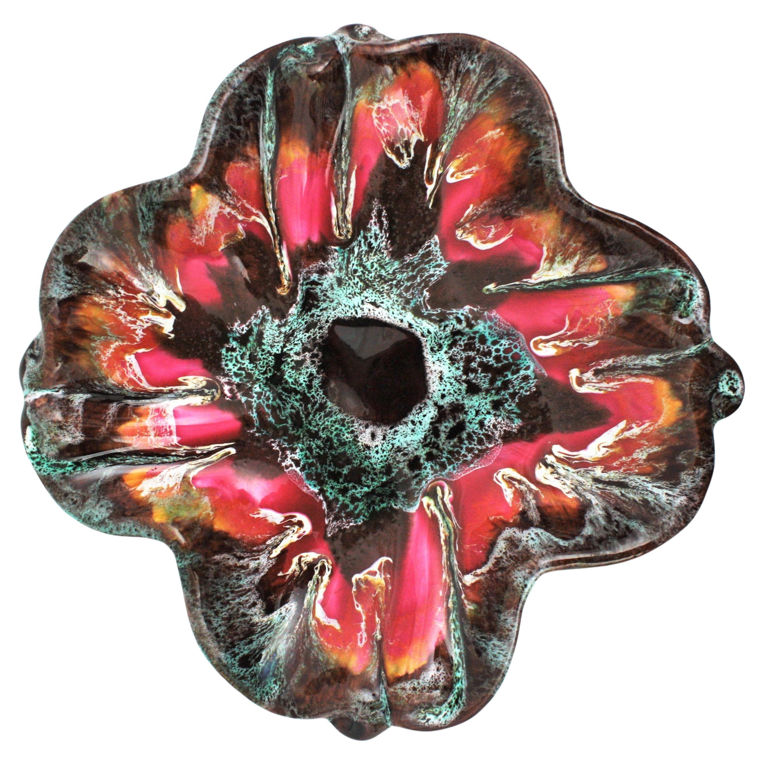 Vallauris Glazed Ceramic Platter or Centerpiece Bowl, Flower Shape