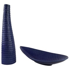 Midcentury Vase and Bowl Stig Lindberg "Reptile" Gustavsberg Rare Blue