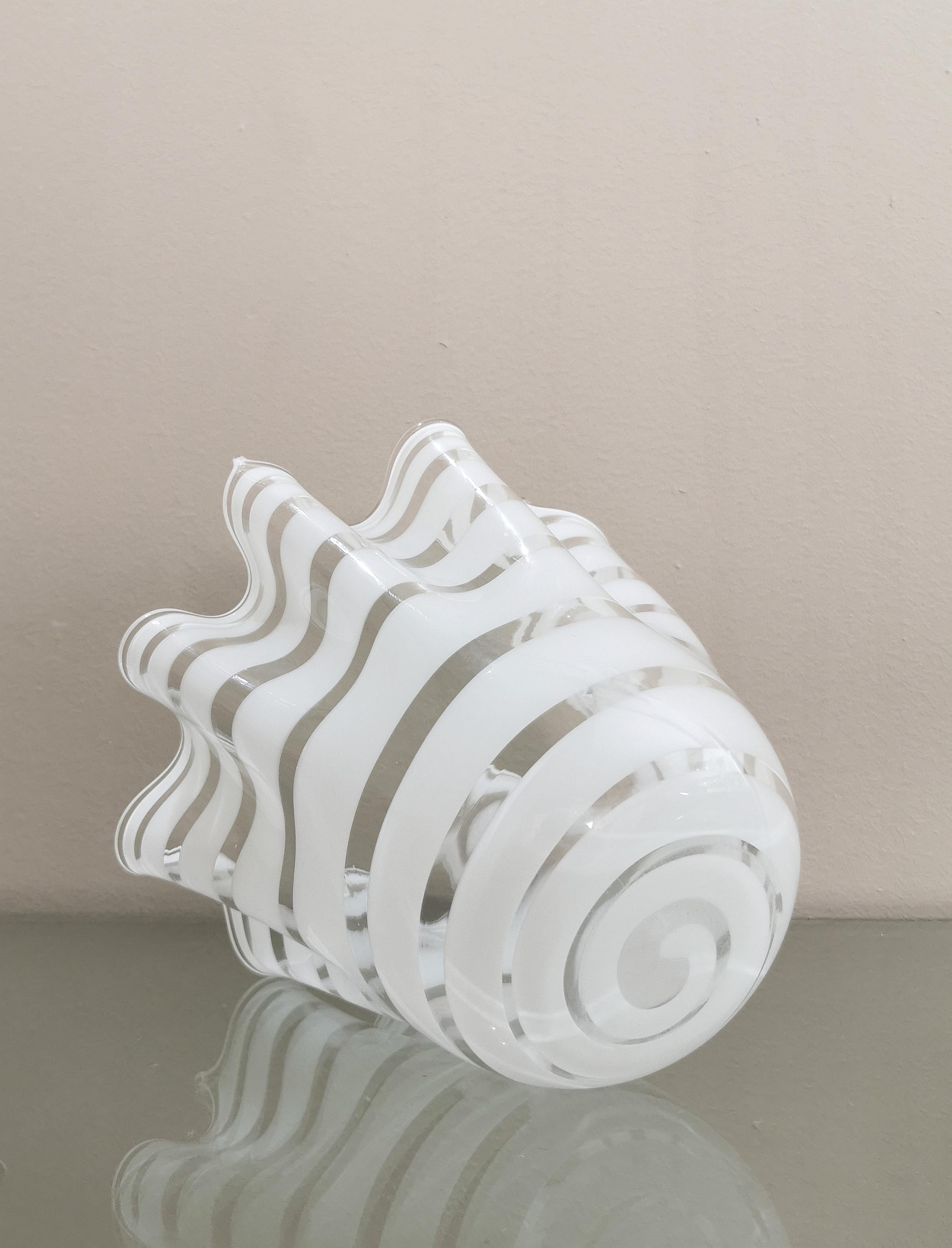 MidCentury Vase Murano Glass White Transparent Handkerchief Italian Design 1960s 5