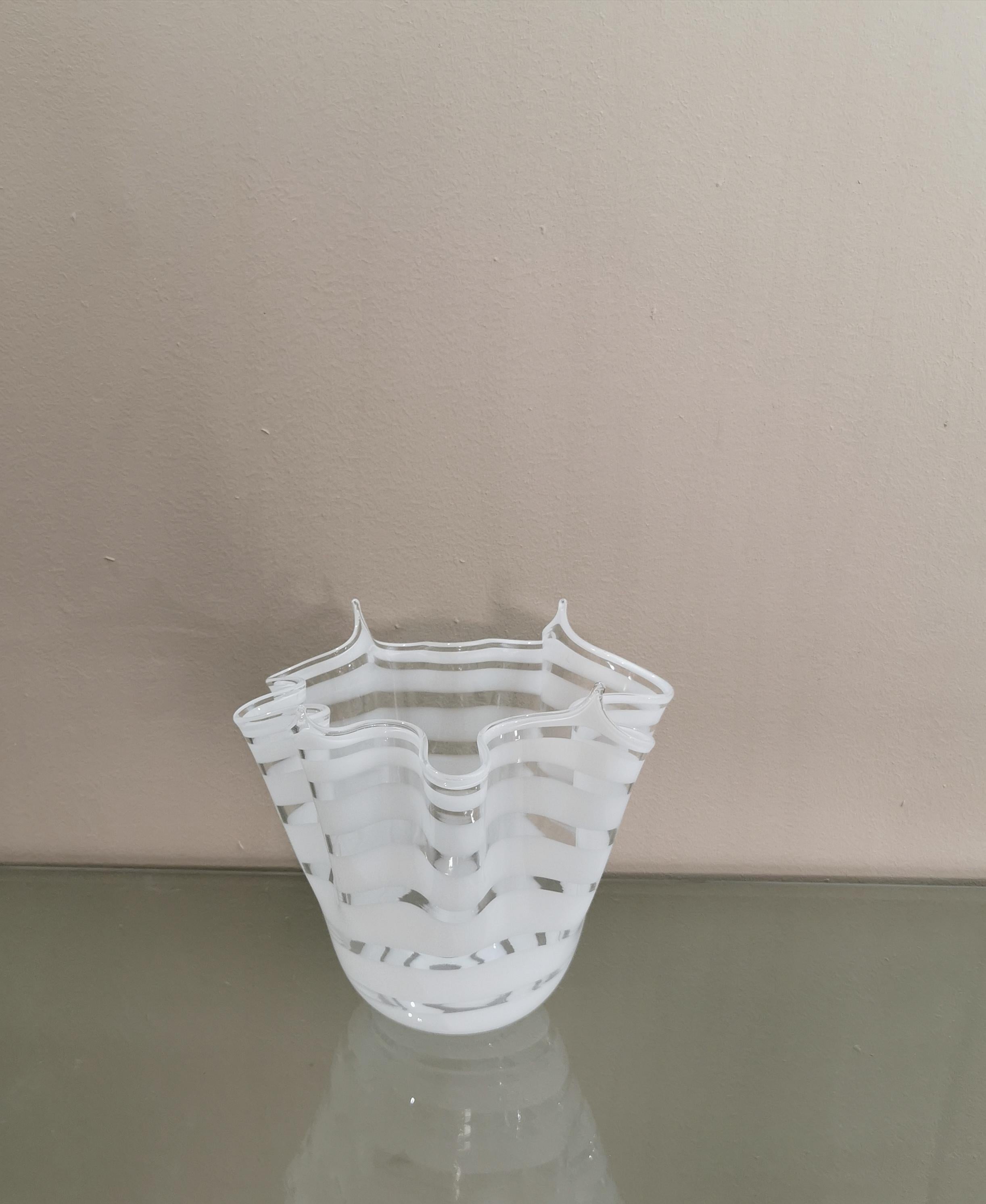 20th Century MidCentury Vase Murano Glass White Transparent Handkerchief Italian Design 1960s