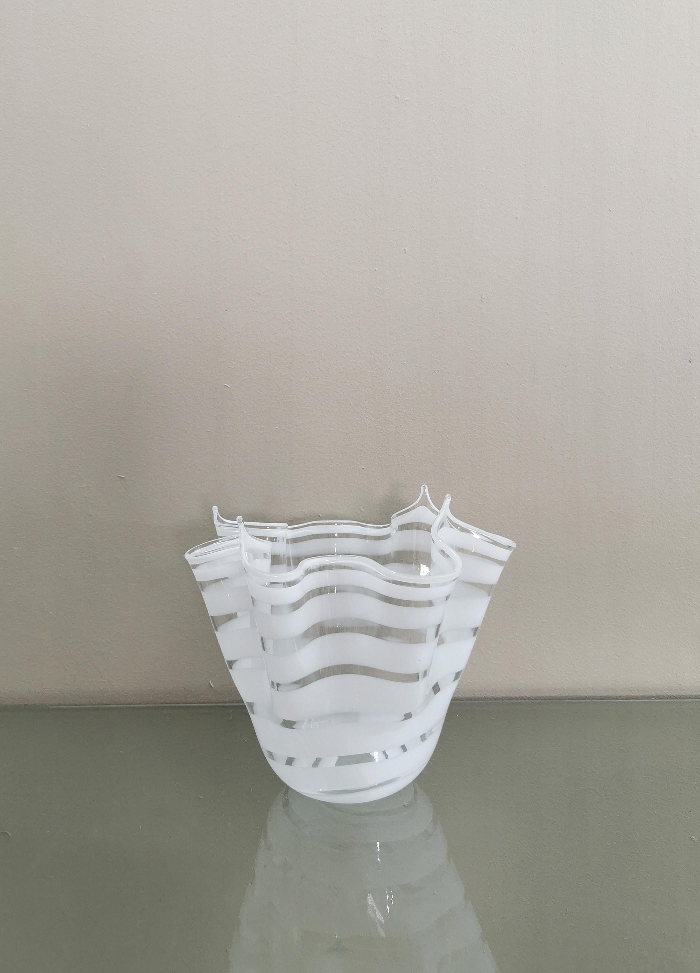 MidCentury Vase Murano Glass White Transparent Handkerchief Italian Design 1960s 3